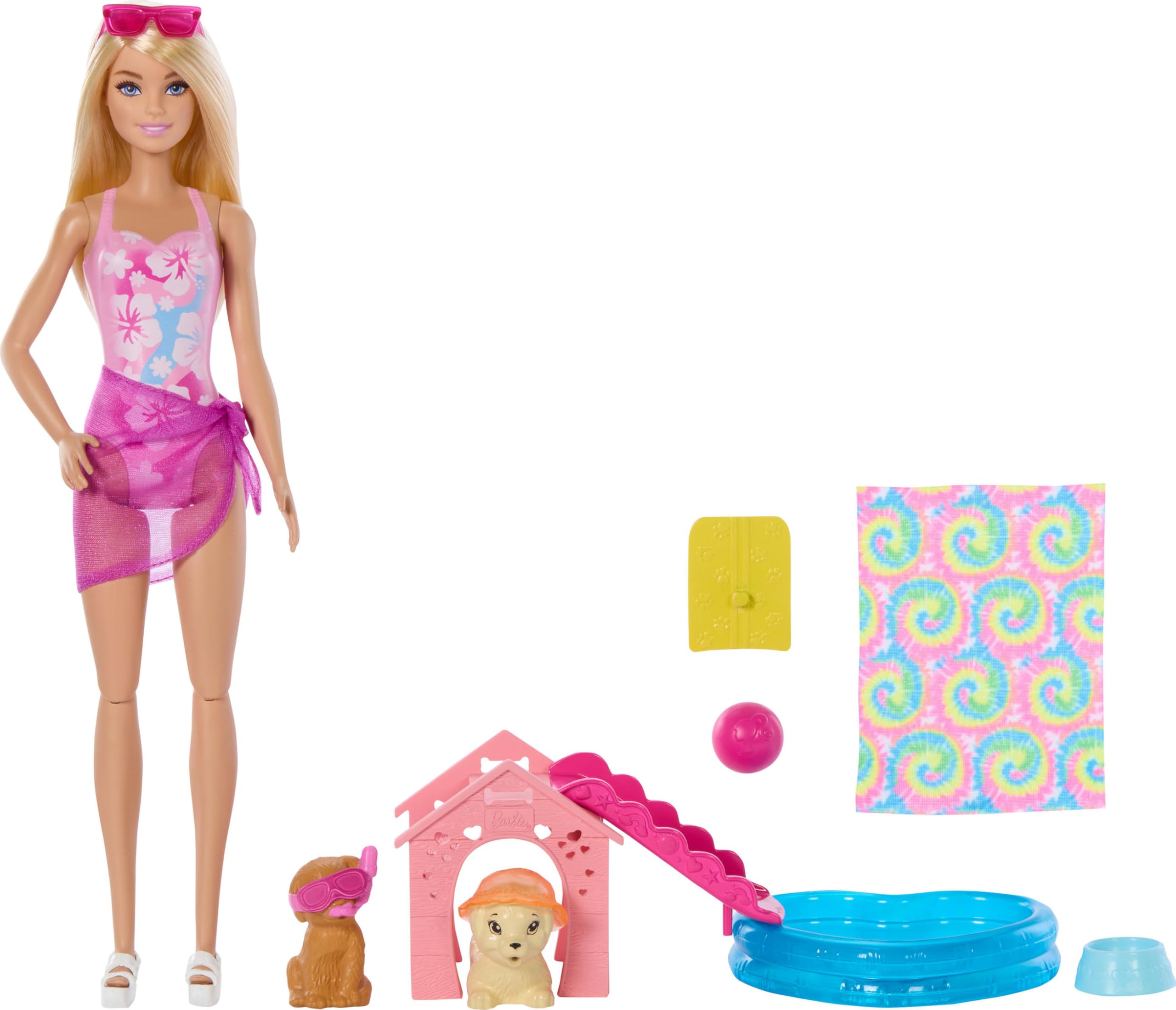 Barbie Puppy Pool Party Playset with Fashion Doll, 2 Pets, Doggy Slide & Color-Change Goggles
