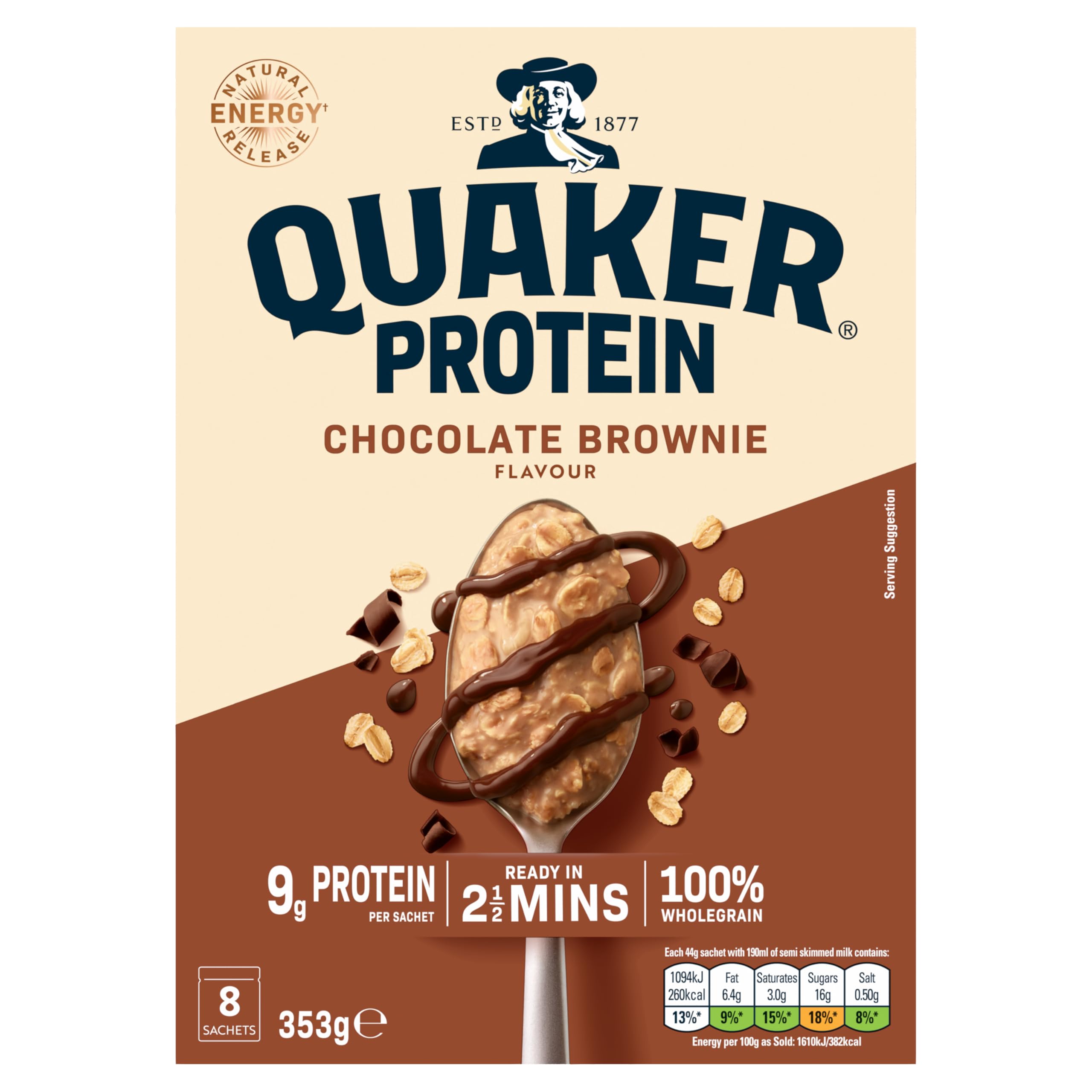Quaker High Protein Chocolate Brownie Porridge Sachets - 9g Protein Per Sachet | 100% Wholegrain | Ready in 2.5 Minutes