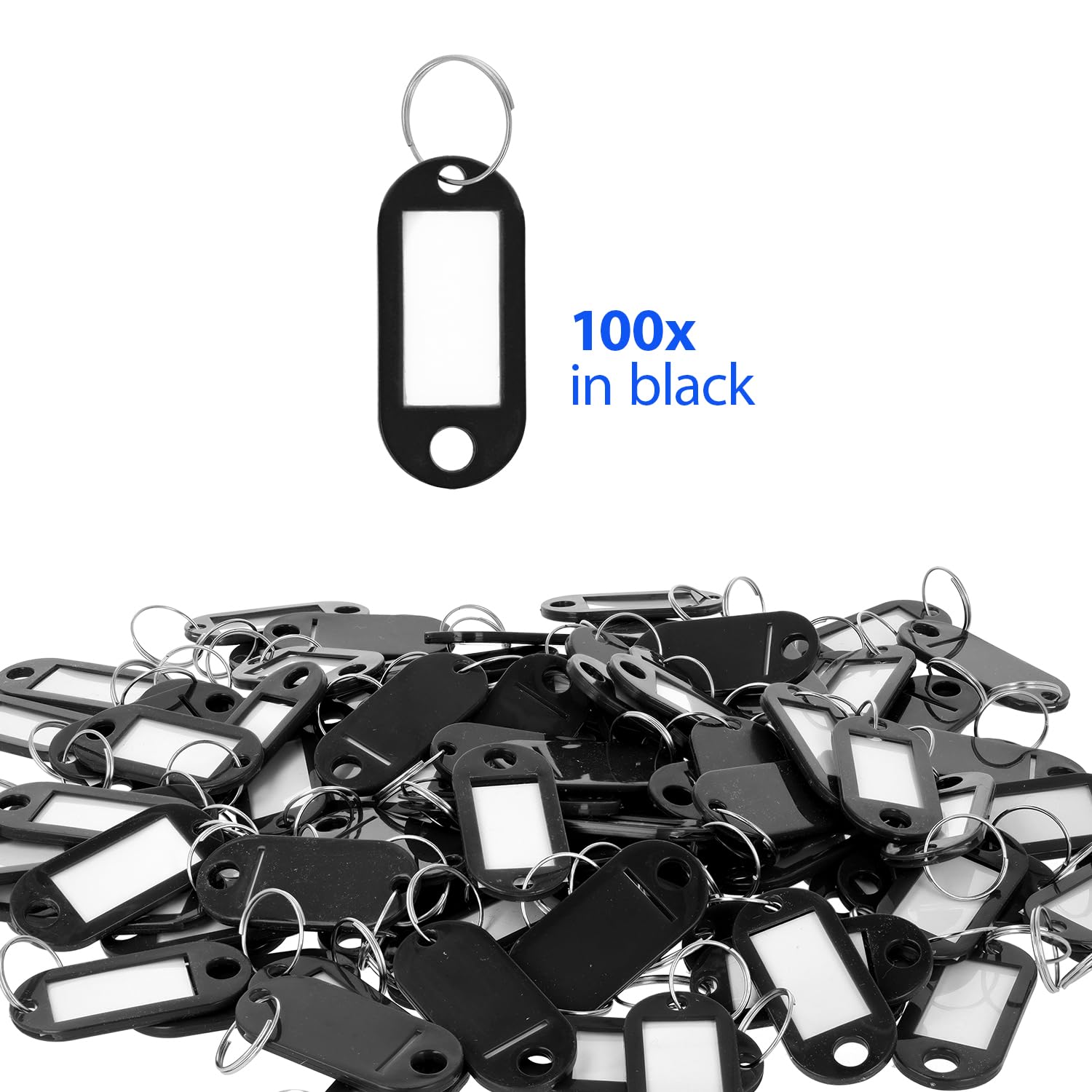 Westcott Key Tags - 100 Pack Black Plastic Tags with 16mm Metal Rings | Weatherproof