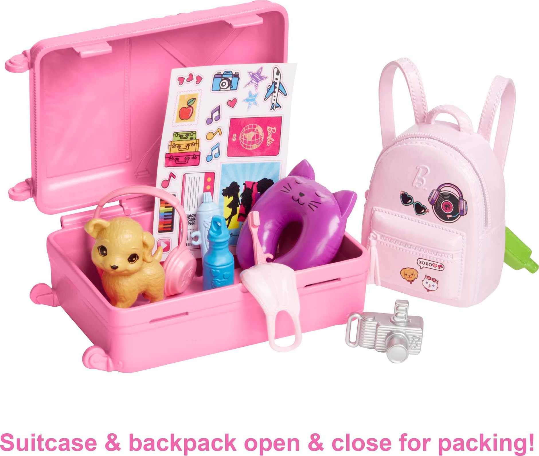 Barbie Travel Doll Set with Puppy and 10+ Accessories, Blonde Hair, Model HJY18 3
