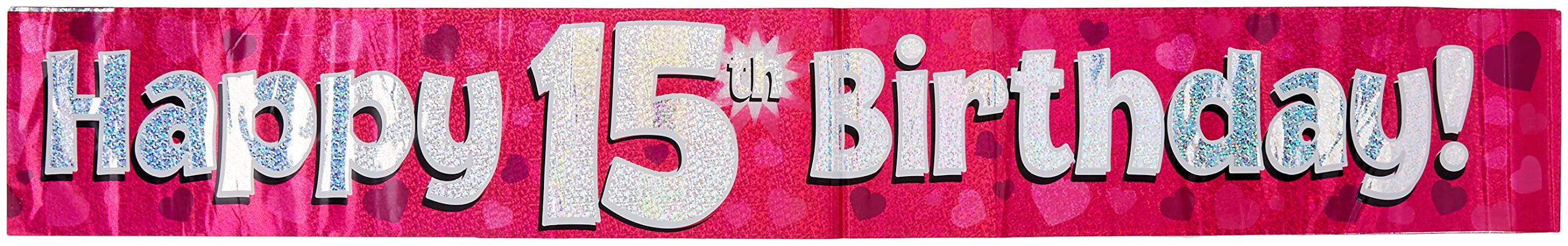 OakTree Happy 15th Birthday Banner - Pink Holographic, 9 ft Length | Polyester
