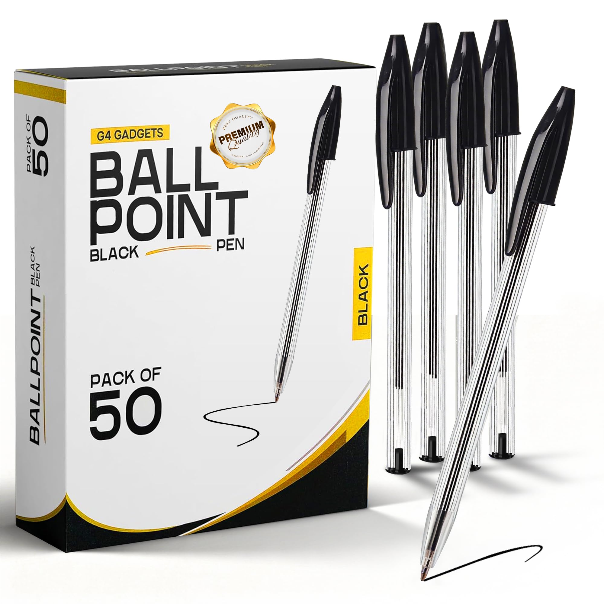 G4GADGET Pack of 50 Black Ballpoint Pens - Smooth Writing Medium Tip | Ergonomic Grip 1