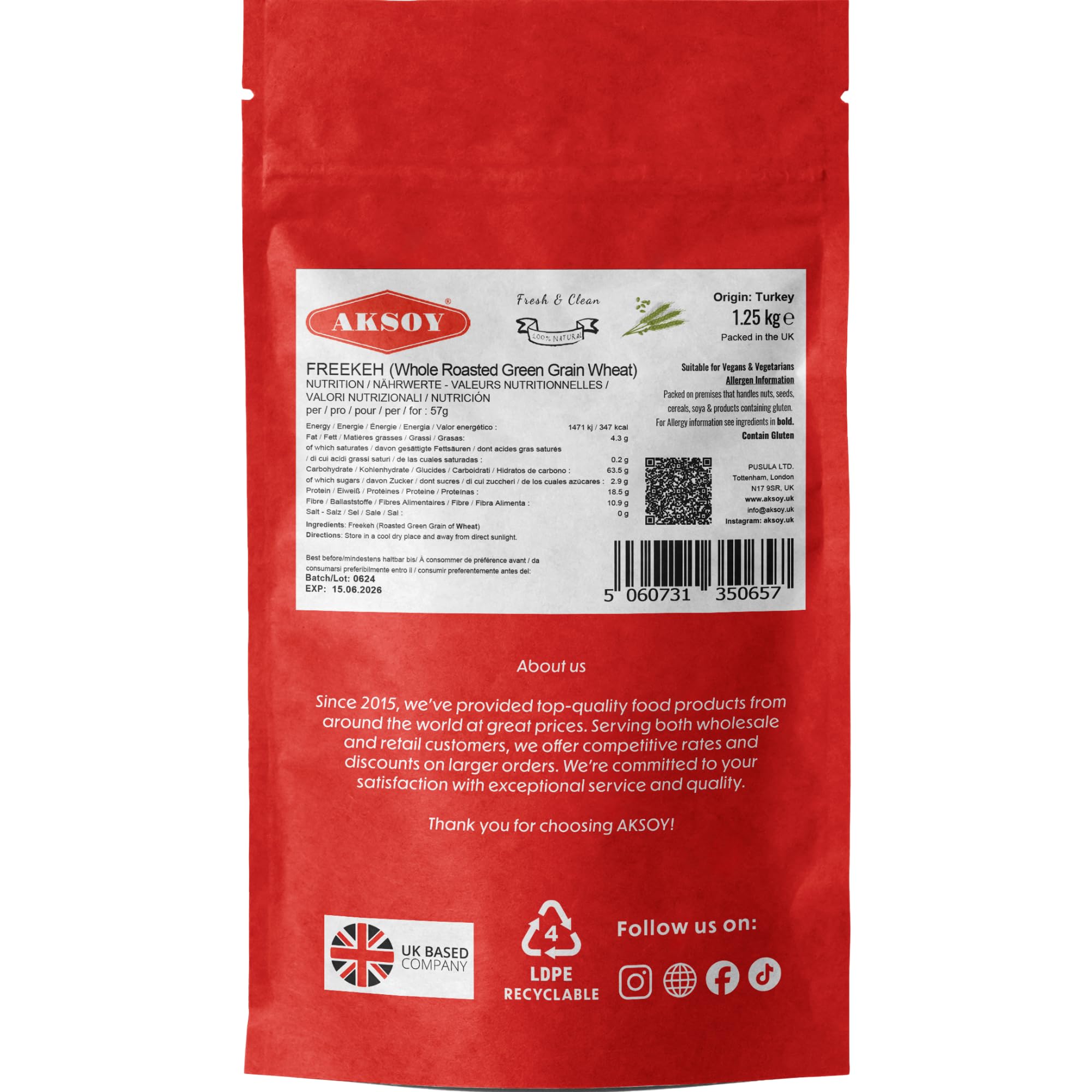 AKSOY Whole Grain Freekeh - Ancient Roasted Durum Wheat | 1.25KG 6