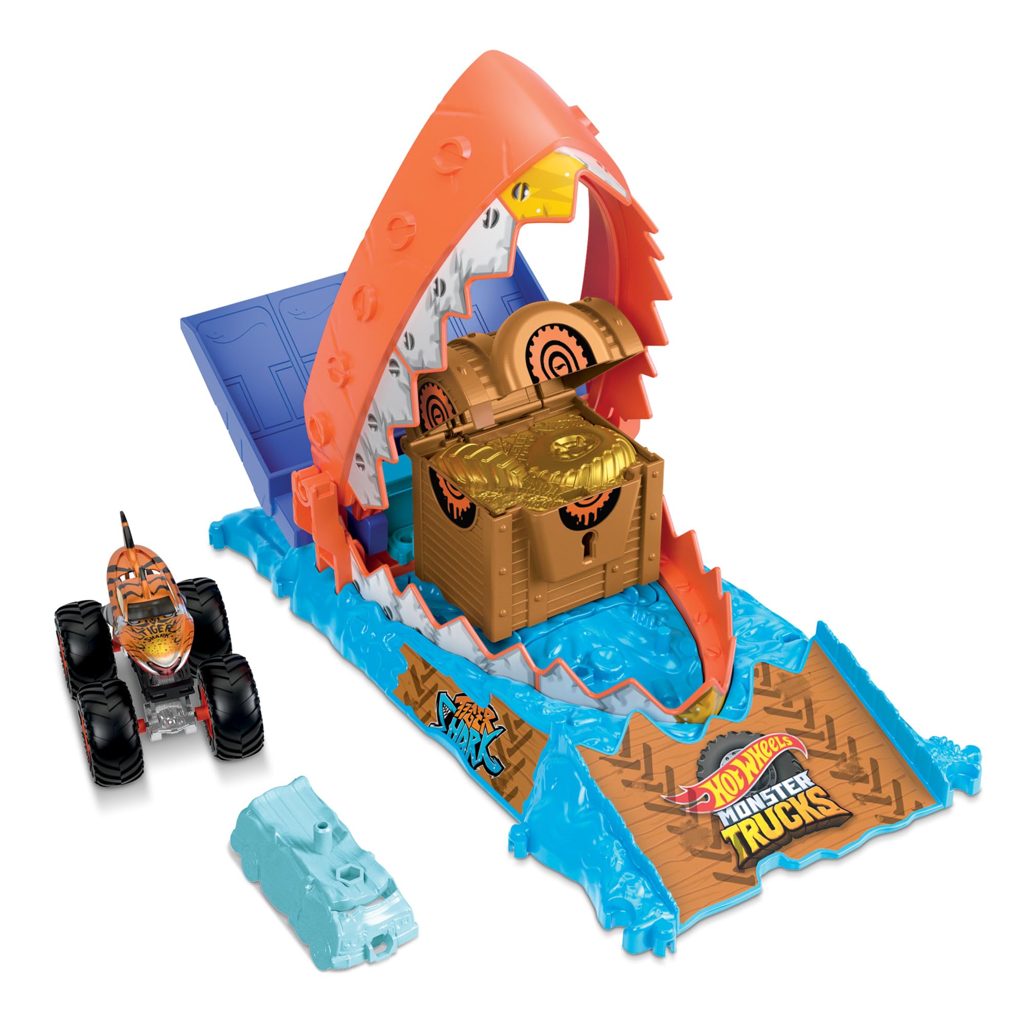 Hot Wheels Monster Trucks Arena Smashers Treasure Chomp Challenge Playset - Tiger Shark Action Playset for Kids 1