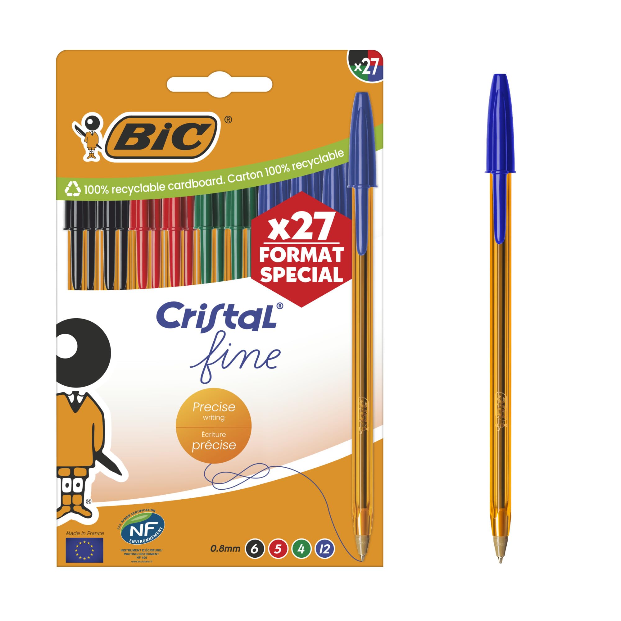 BIC Cristal Original Ballpoint Pens - Fine 0.8mm Point, Assorted Colours, Pack of 27 1