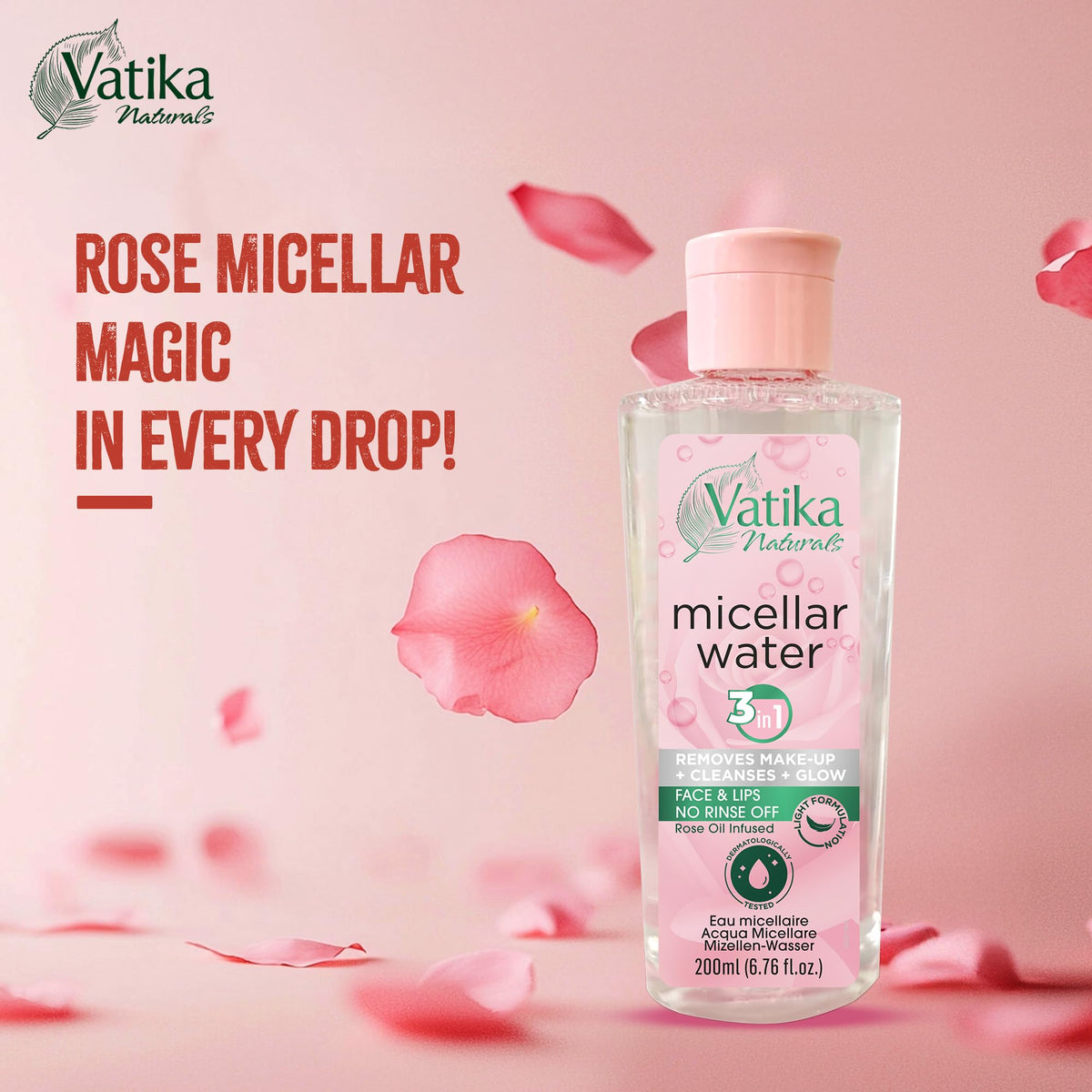 Vatika Naturals Micellar Cleansing Water - 3-in-1 Face Cleaner, Makeup Remover & Refresher | 200ml