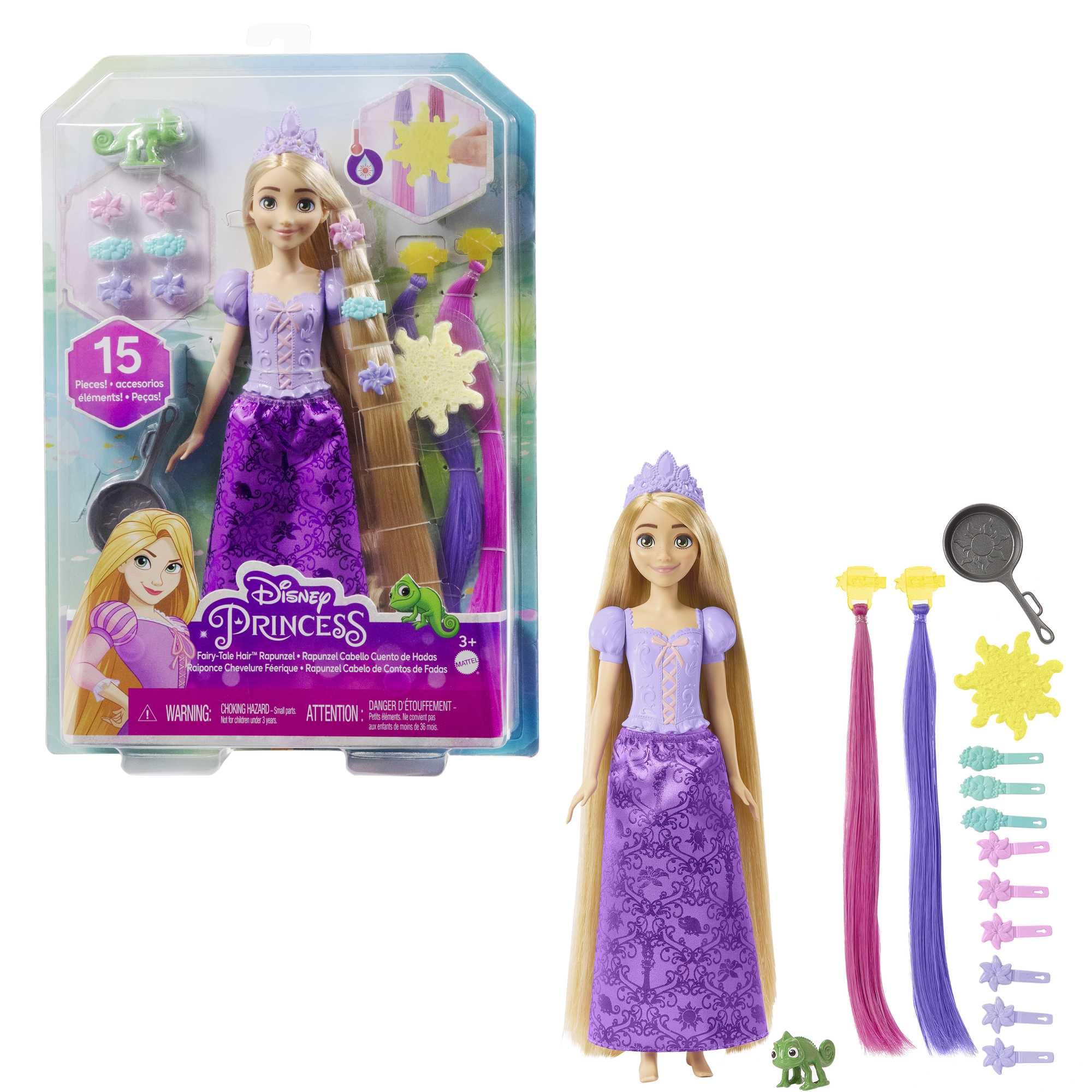 Mattel Disney Princess Rapunzel Doll - Color-Change Hair Extensions & 12 Accessories | Ages 3+