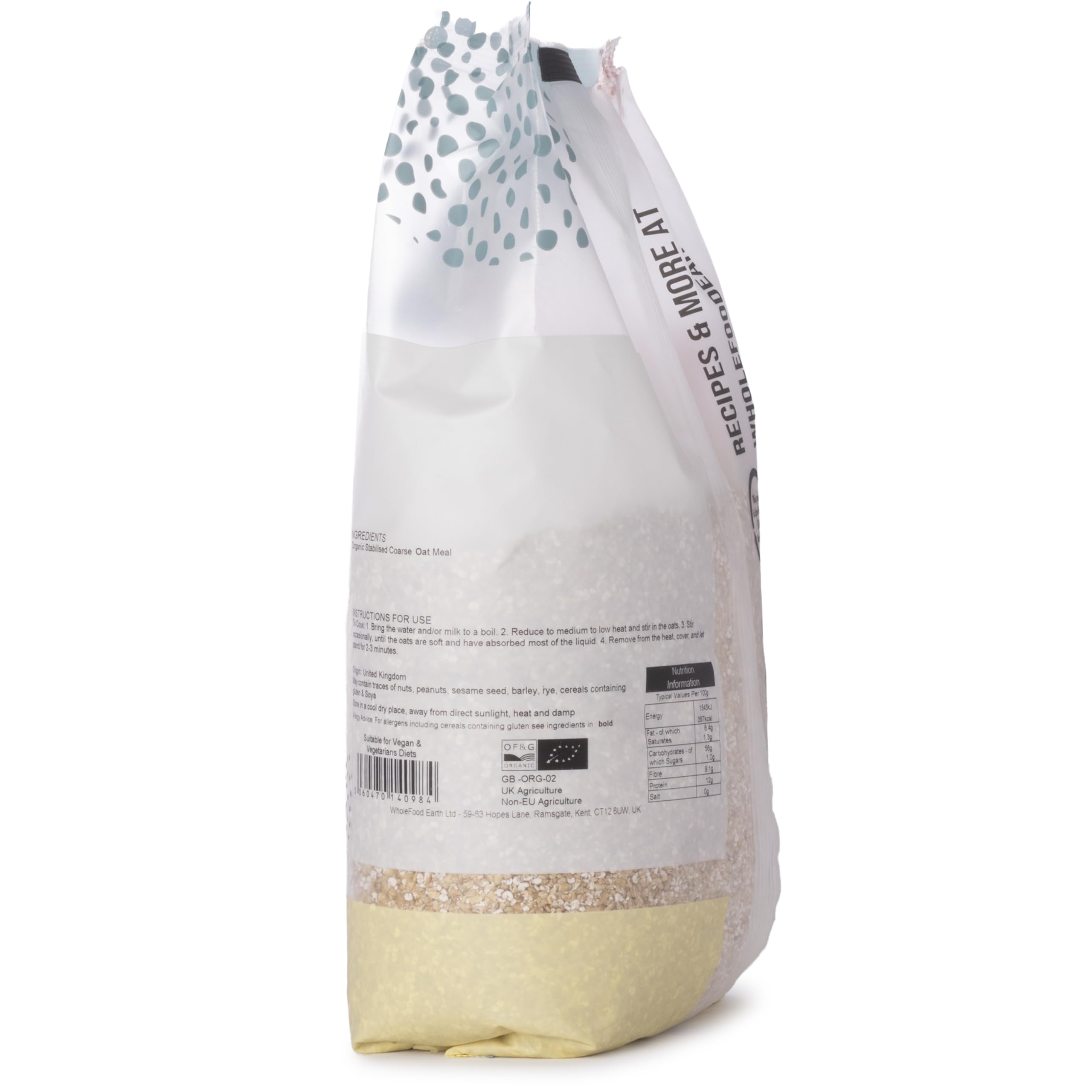 Wholefood Earth Organic Coarse Oatmeal (Pinhead Oats) - 1 kg | High Fibre Whole Grain