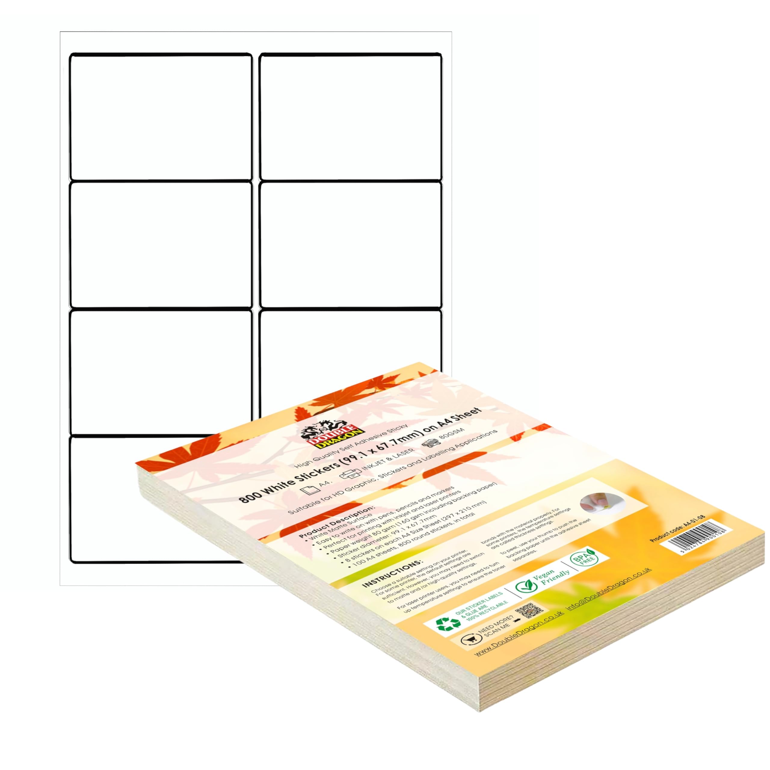 Double Dragon A4 Self Adhesive Address Labels, 8 Per Sheet, Matte White, 800 Labels Total