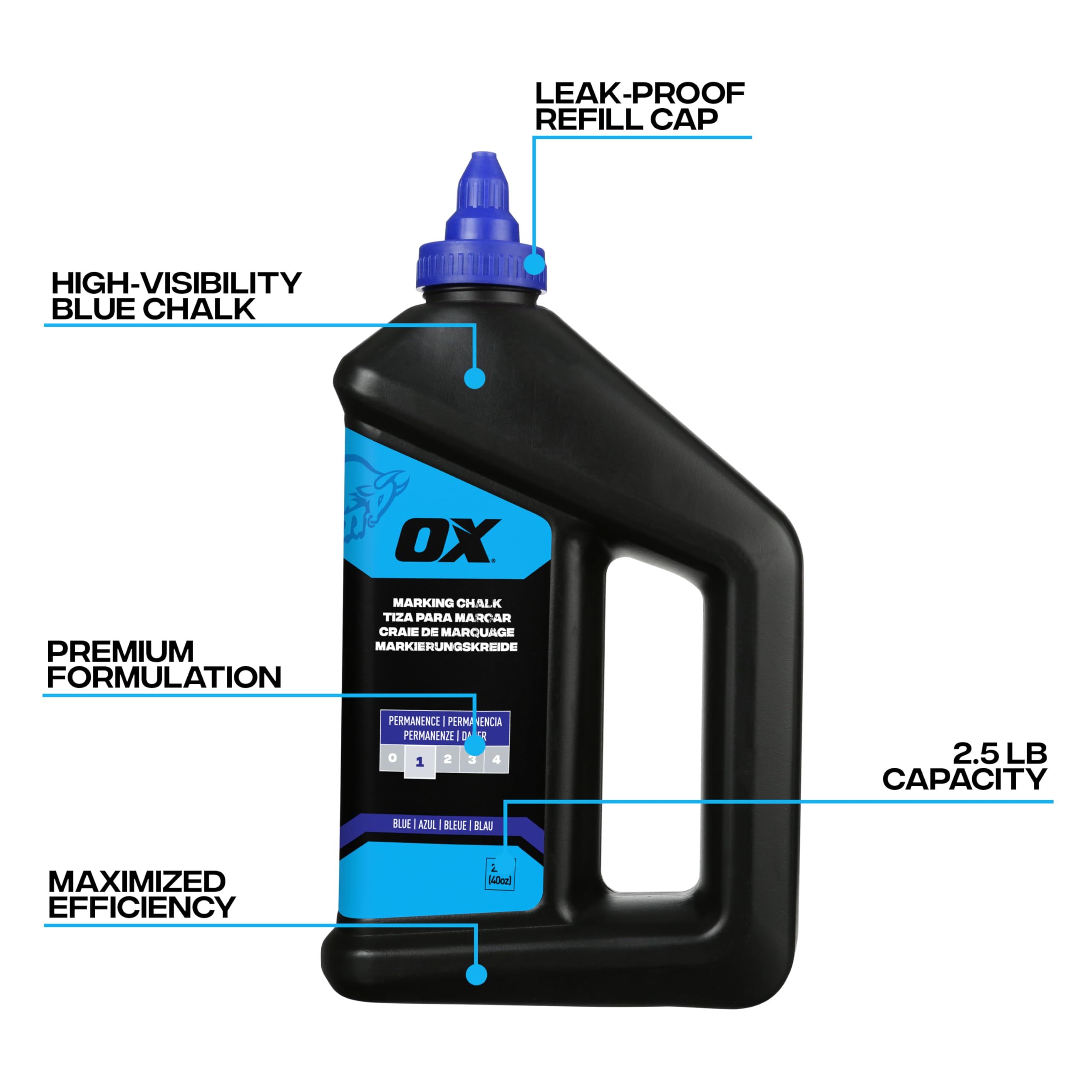 OX Tools Standard Blue Marking Chalk - 1.1kg/40oz Capacity | 1-Day Weatherability | Versatile Use