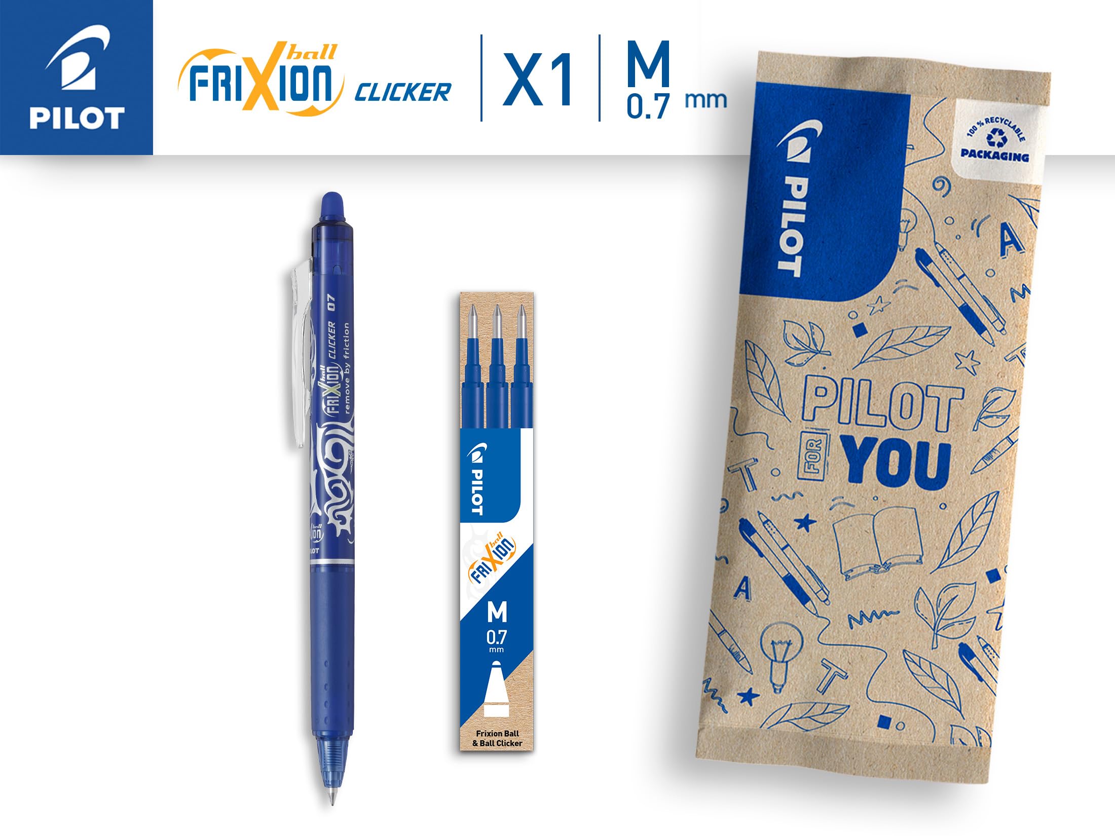 PILOT Frixion Ball Clicker 07 Gel Ink Rollerball Pen Refills - Blue Ink, 0.7mm Tip, Pack of 3 3