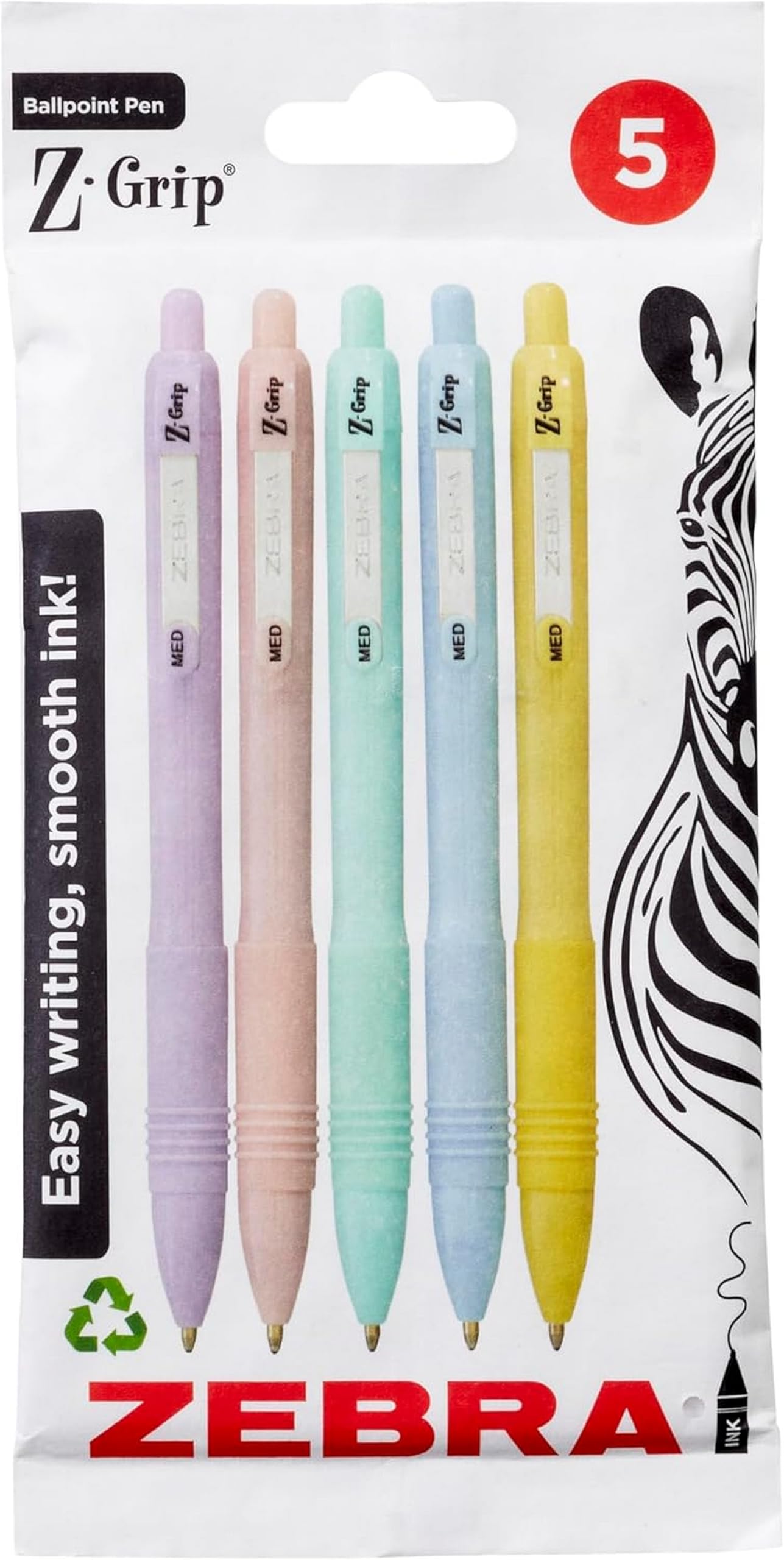 Zebra Pen Z-GRIP Smooth Ballpoint Pens Black Ink 5pk - Pastel Barrel 1mm Me 1