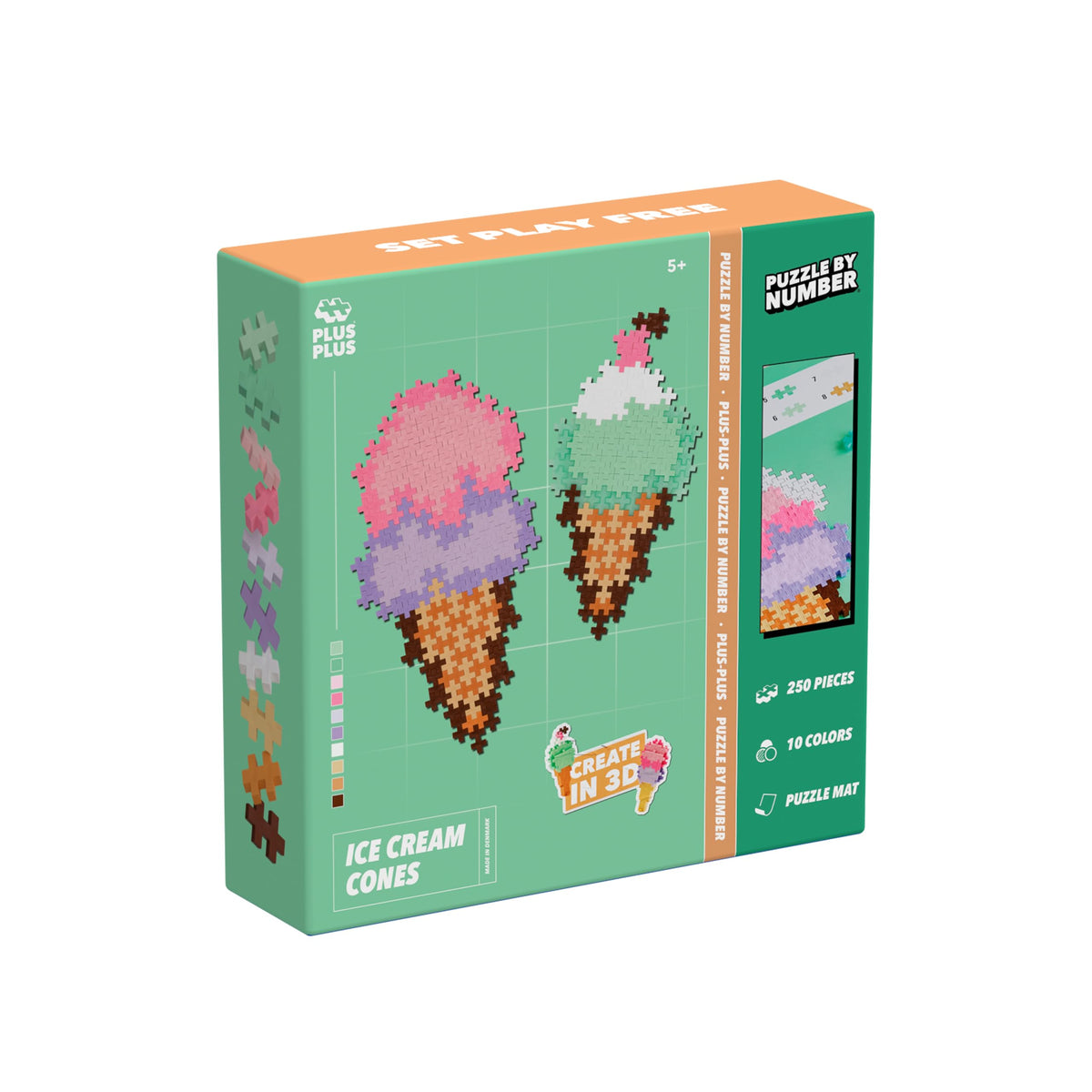 PLUS PLUS Building Blocks Toy Puzzle by Number Ice Cream Cones - 250 Pieces, Age 5+