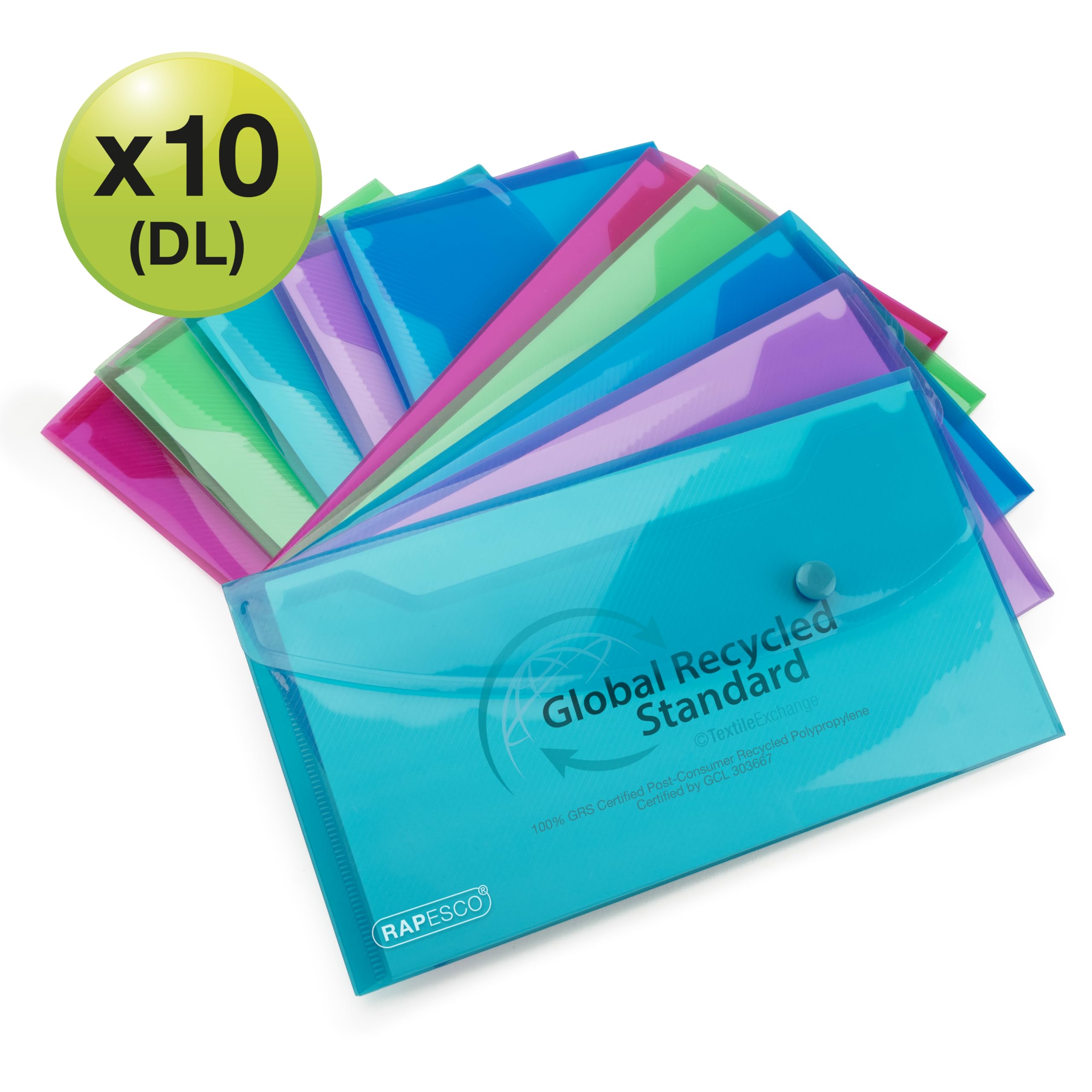 RAPESCO 1844 ECO Recycled Popper Wallets - DL Size, Assorted Bright Transparent, Pack of 10 2