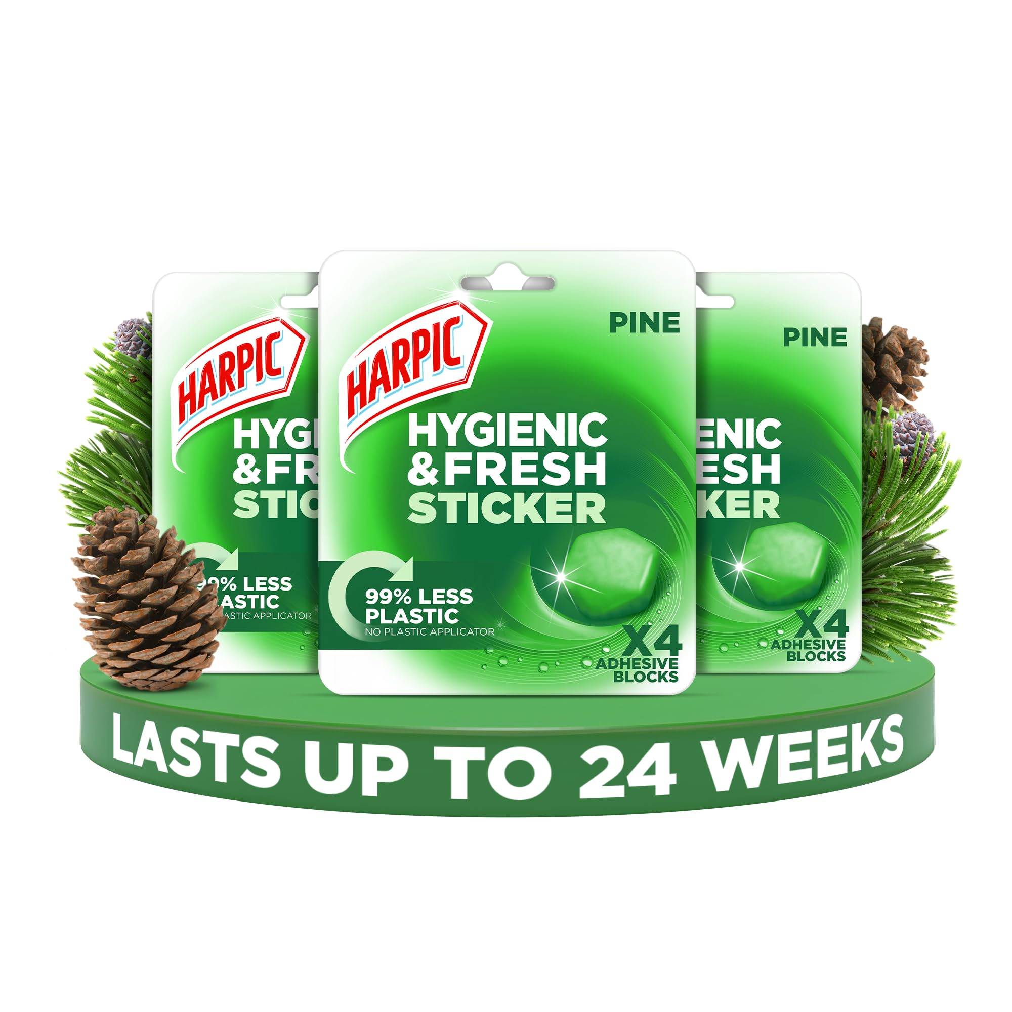 Harpic Hygienic Fresh Sticker Toilet Block - Pine Scent, 3 Count Pack