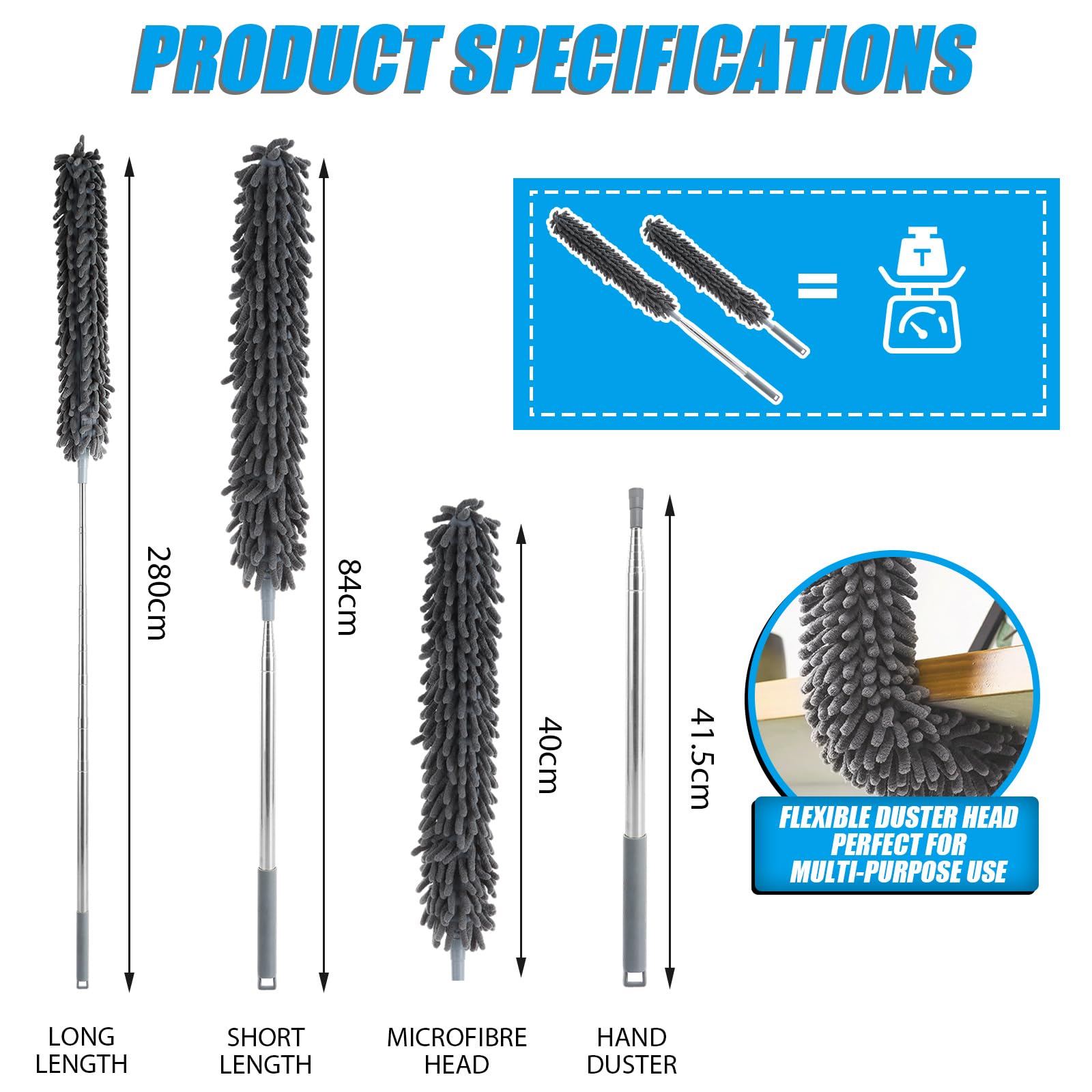 ASelected Extendable Feather Duster - 2.8m Reach | Microfiber Head | Stainless Steel Pole