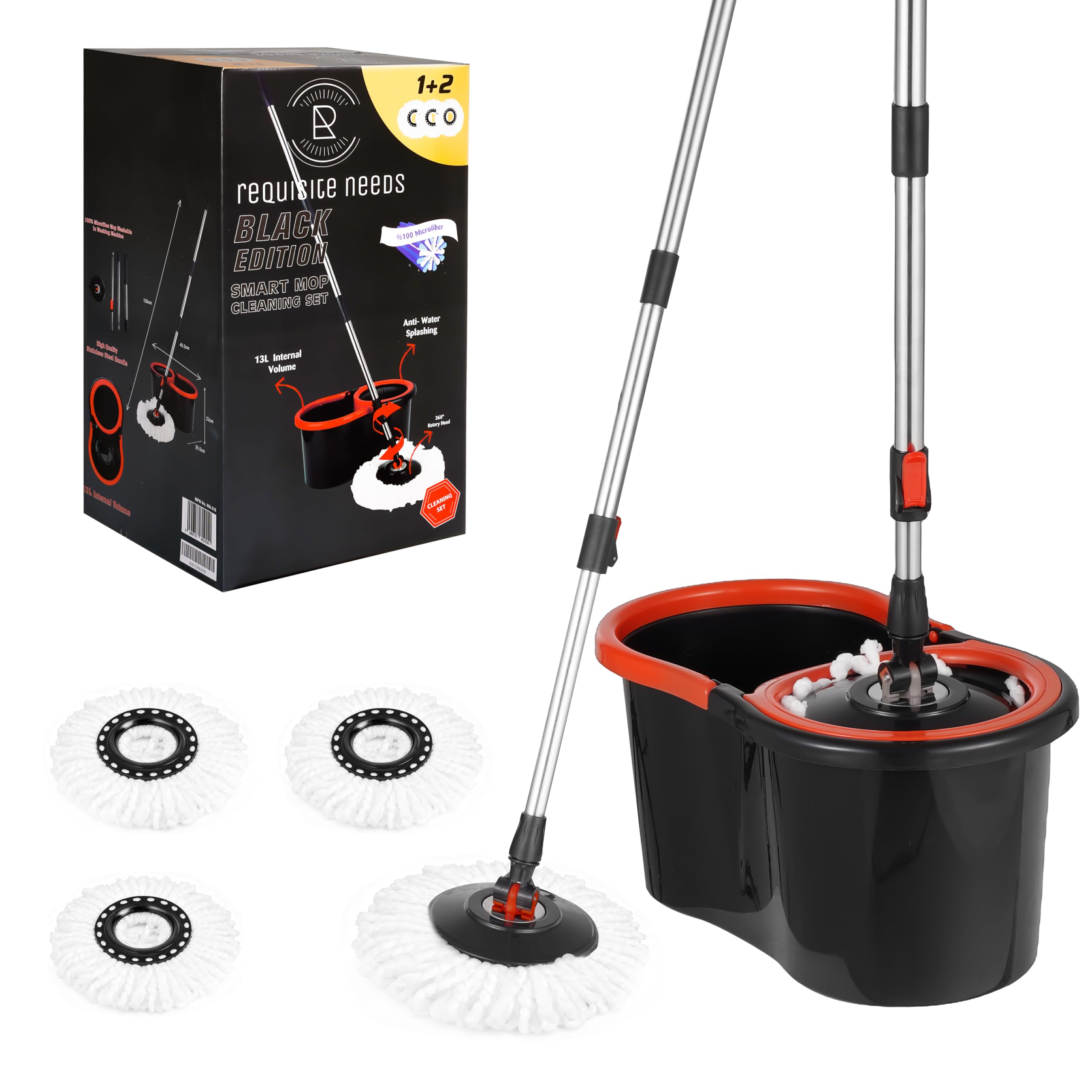 Requisite Needs Smart Spin Mop and Bucket Set – 360° Rotatable Microfiber Mop with Adjustable Stainless Steel Handle – Black 10