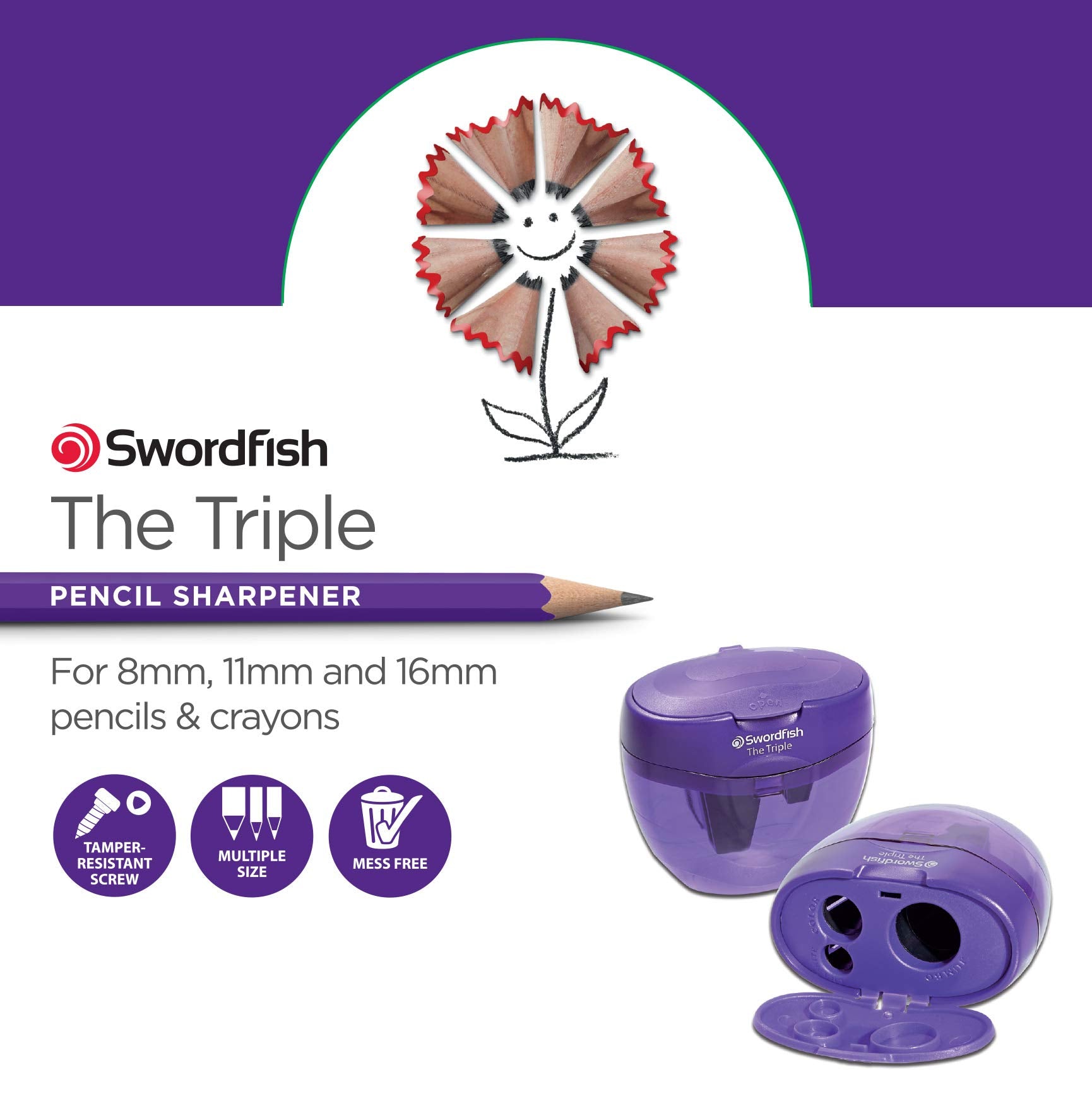 Swordfish The Triple Pencil Sharpener - 3 Holes for 8mm, 11mm, 16mm Pencils/Crayons | Mess-Free Canister 6