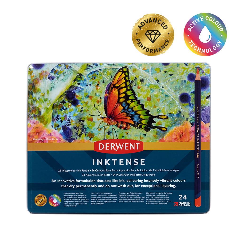 Derwent Inktense Permanent Watercolour Pencils - Set of 24, 4mm Core, Water-Soluble | Professional Quality 3
