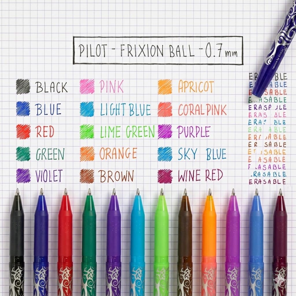PILOT Frixion Erasable Rollerball Pen - 0.7mm Tip, Pack of 5 (2 Black, 1 Blue, 1 Red, 1 Green) 4