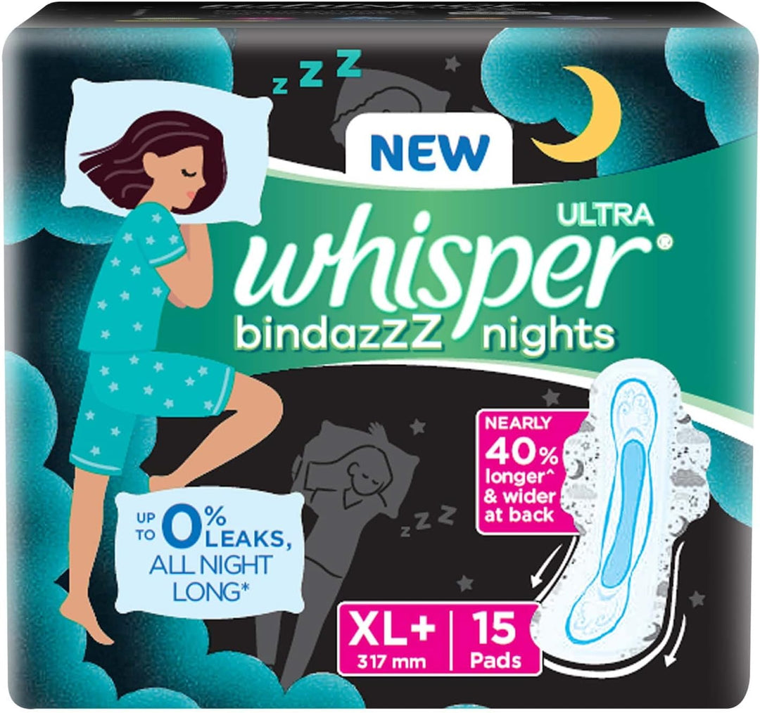 Whisper Ultra Nights XL+ 15 Pads - Extra Heavy Flow Overnight Protection with Wings