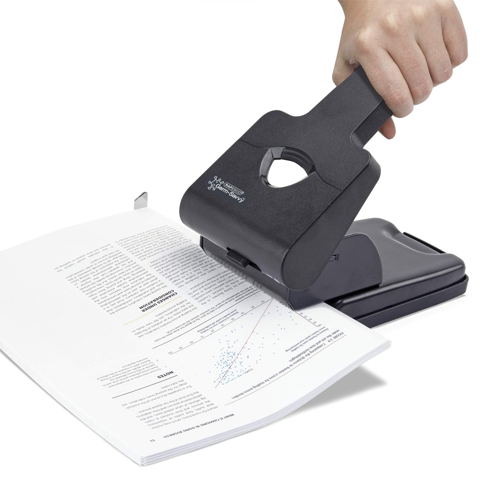 Rapesco 1631 Germ-Savvy Antibacterial HD865-P Heavy Duty 2-Hole Punch | 50+ Sheets | Black