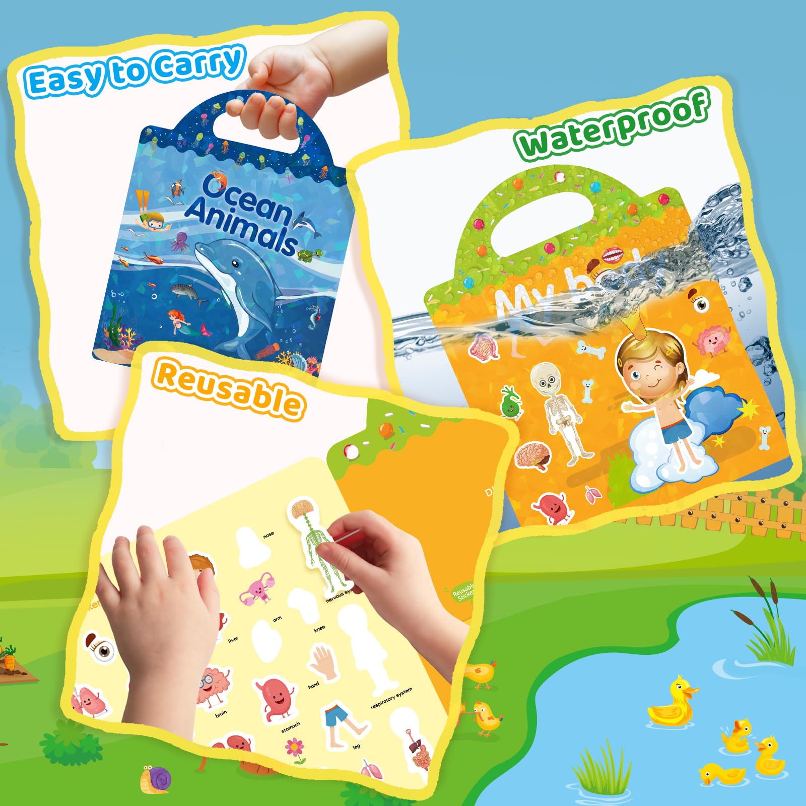 GUYUCOM 4 Pack Reusable Sticker Books - Ocean, Body, Insect & Farm Themes | Fine Motor Skill Development 4