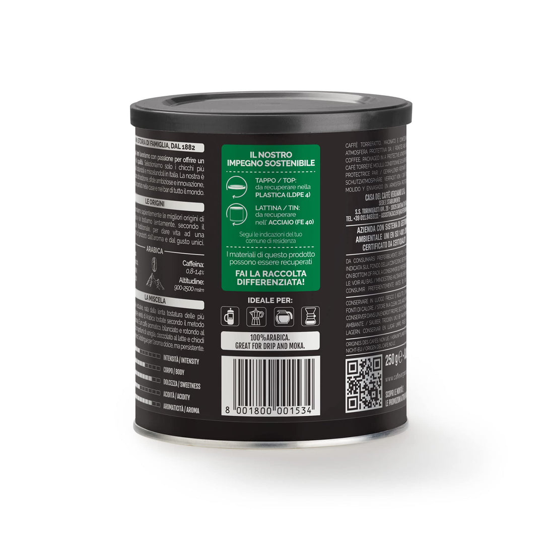 Caffè Vergnano 1882 100% Arabica Ground Coffee for Moka Pot - 250g Tin