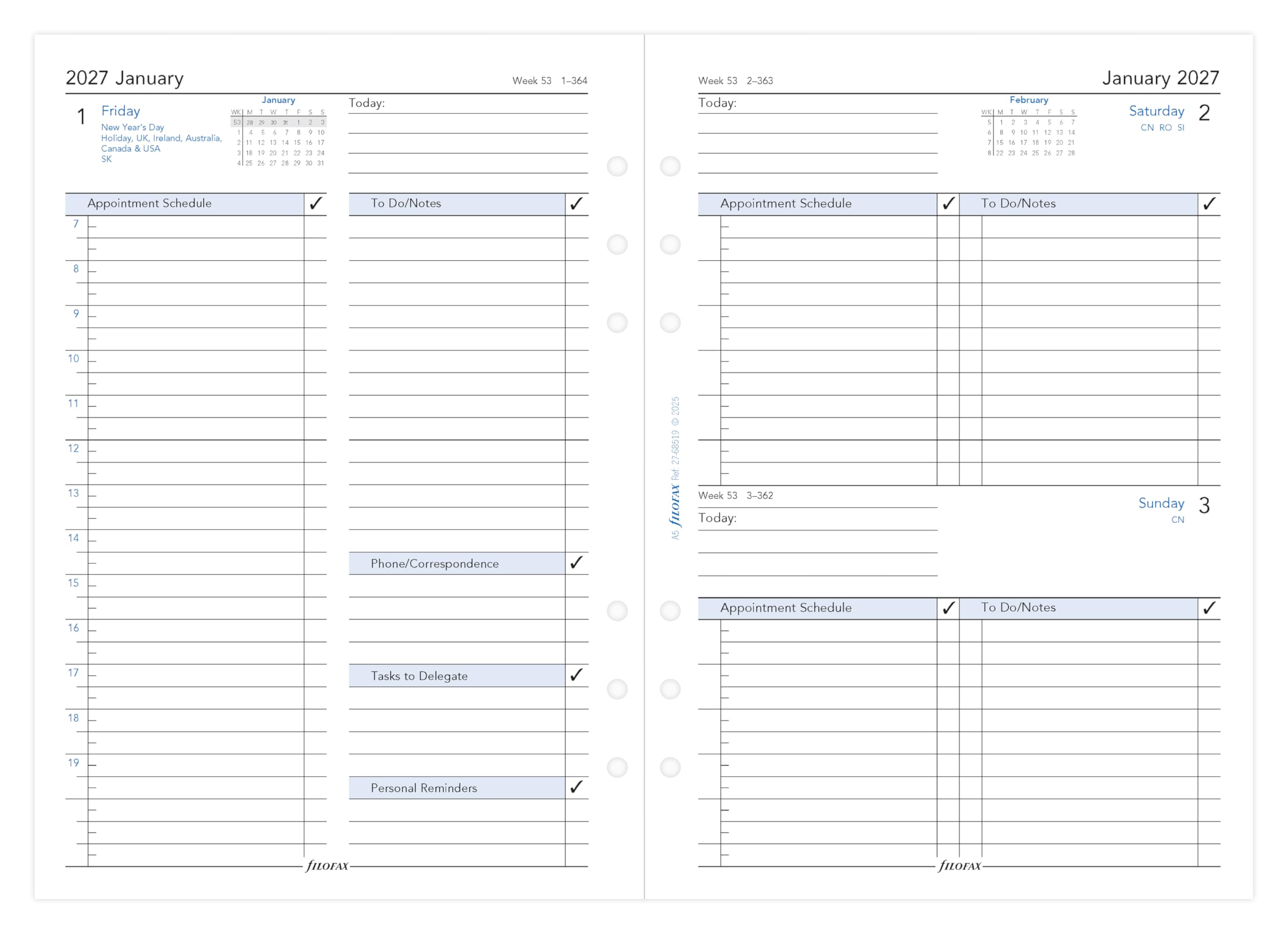 Filofax A5 2027 Diary Refill - Day Per Page with Appointments | English | 148mm x 210mm 2