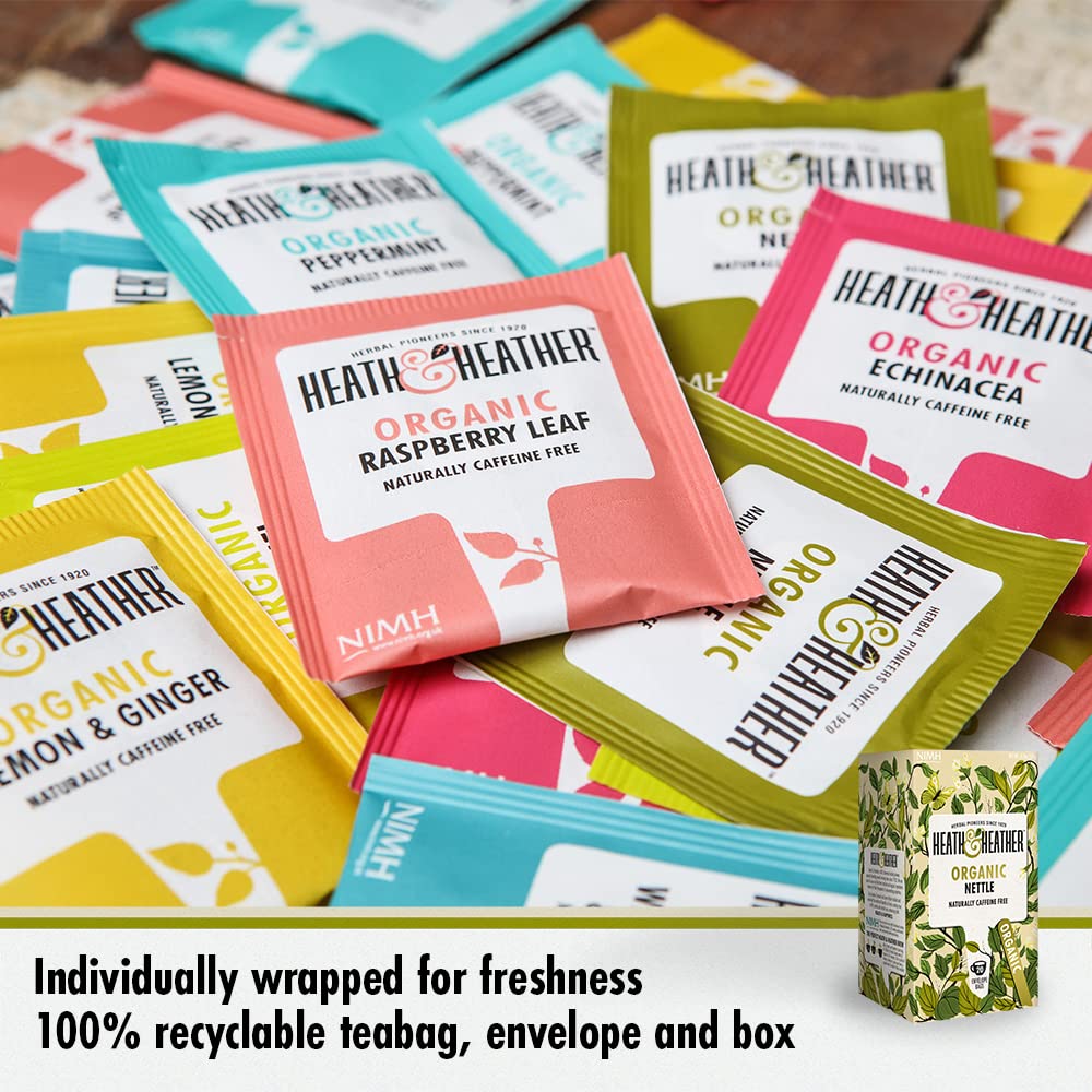 Heath & Heather Organic Nettle Teabags (Pack of 6, 120 Total) - Soil Association Certified Herbal Tea 6