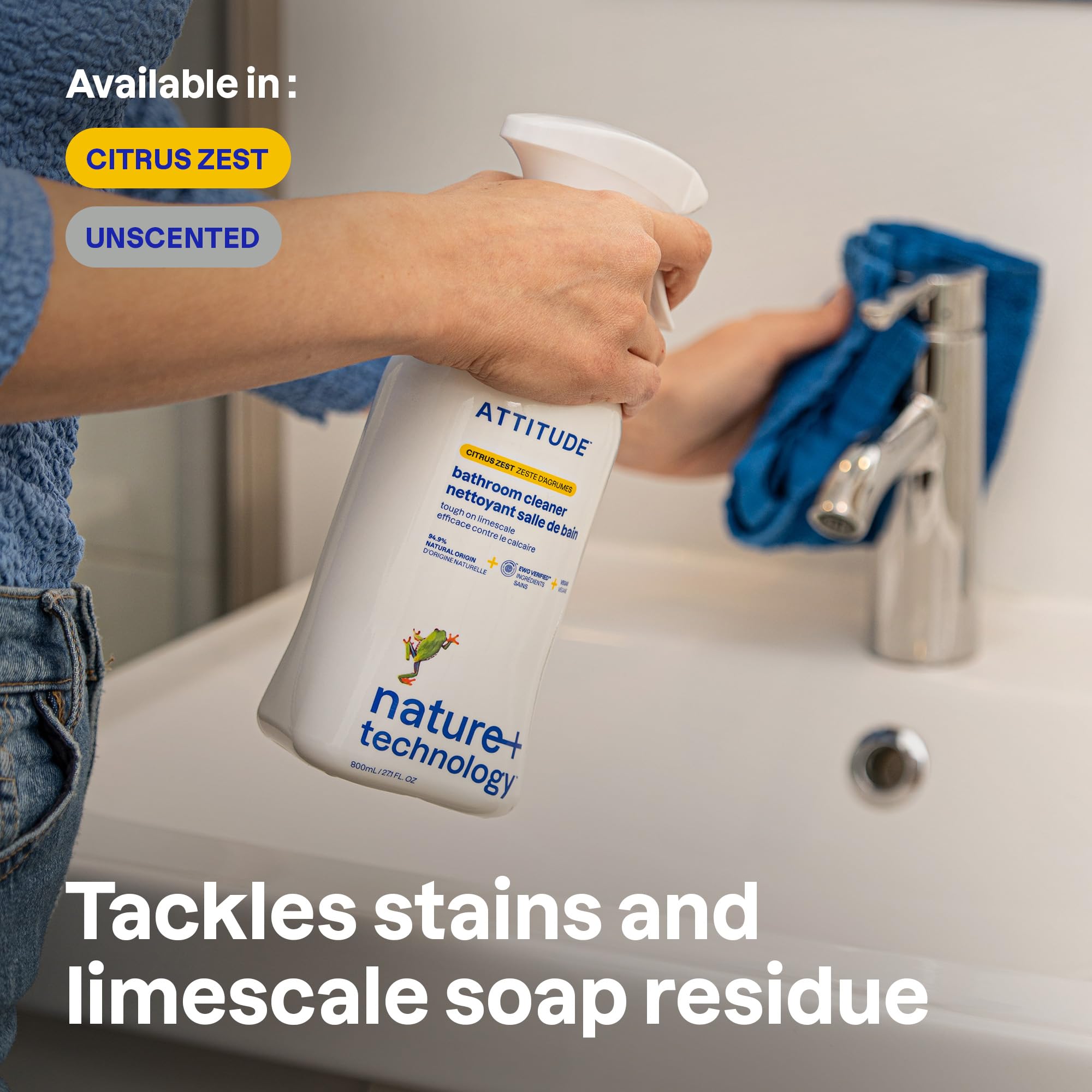 ATTITUDE Bathroom Cleaner Spray - EWG Verified, Plant-Based, Citrus Zest Scent | 800 ml