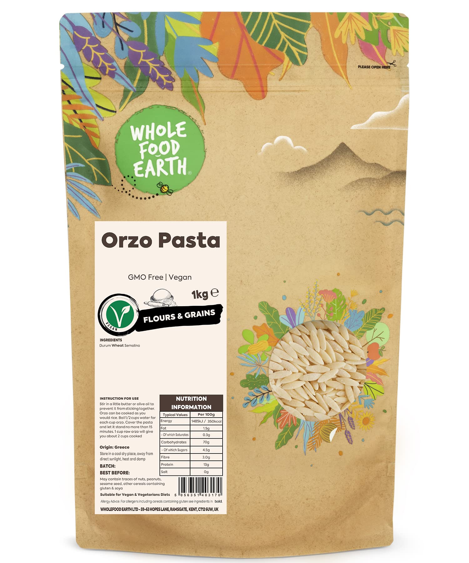Wholefood Earth Orzo Pasta - Durum Wheat Semolina | 1 kg Pack 1