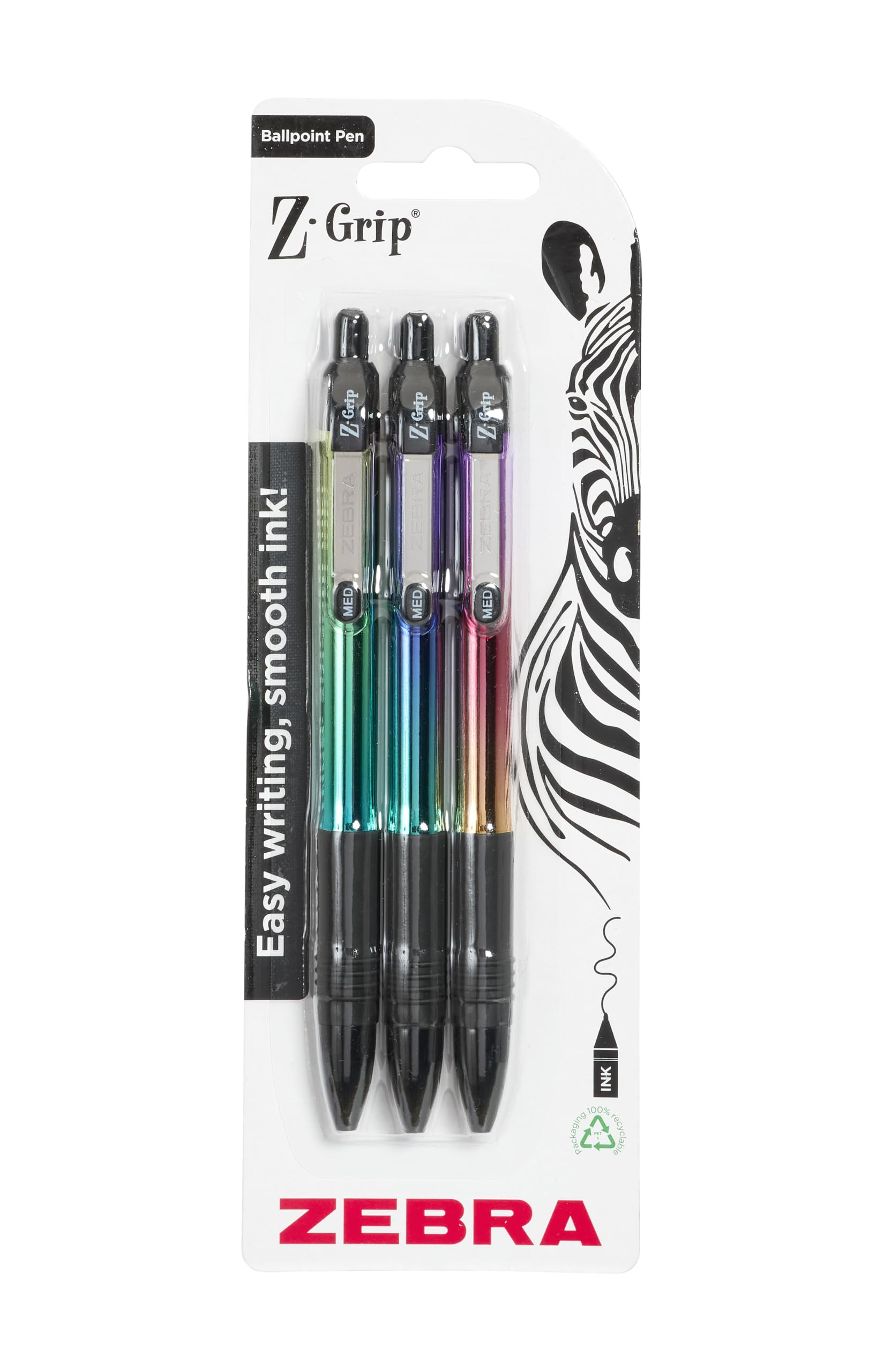 Zebra Pen Z-GRIP Smooth Elegance Metallic Ballpoint Pens - Black Ink, 1.0mm Medium Point, 3 Pack 1