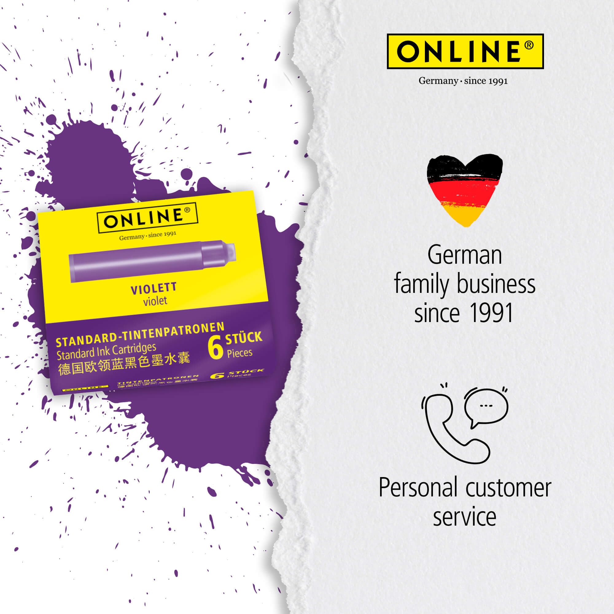 Online Standard Fountain Pen Ink Cartridges - Universal Fit, Lilac, 6 Pack 6
