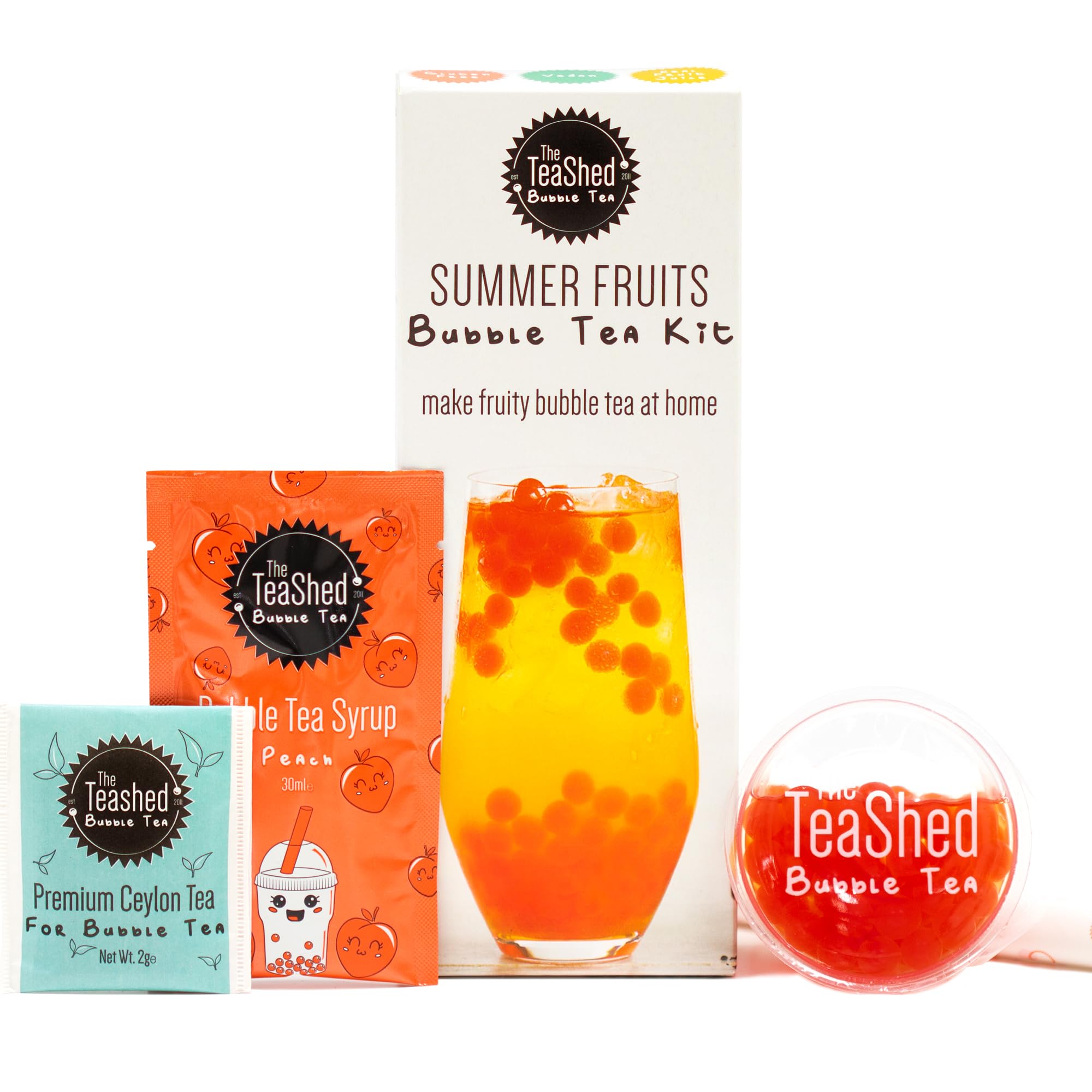 The TeaShed Summer Fruit Bubble Tea Kit - Peach Syrup & Strawberry Popping Boba | Vegan, Gluten Free