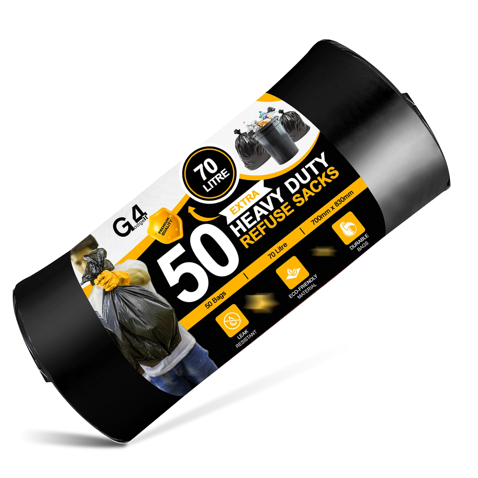 G4GADGET 70L Black Bin Bags - 50 Count Refuse Sacks for Heavy Loads | Recyclable Plastic