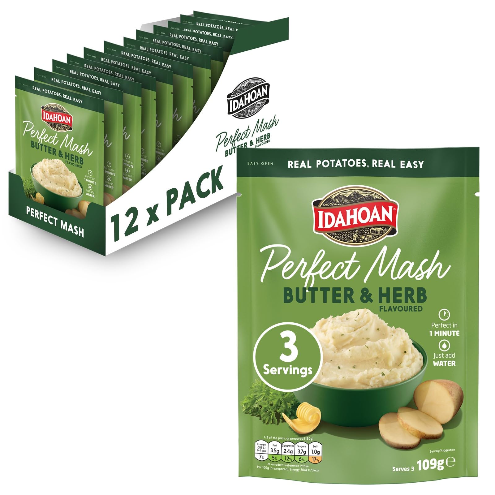 Idahoan Mashed Potato Butter & Herb Instant Mash Potatoes - 109g Pouch | Pack of 12