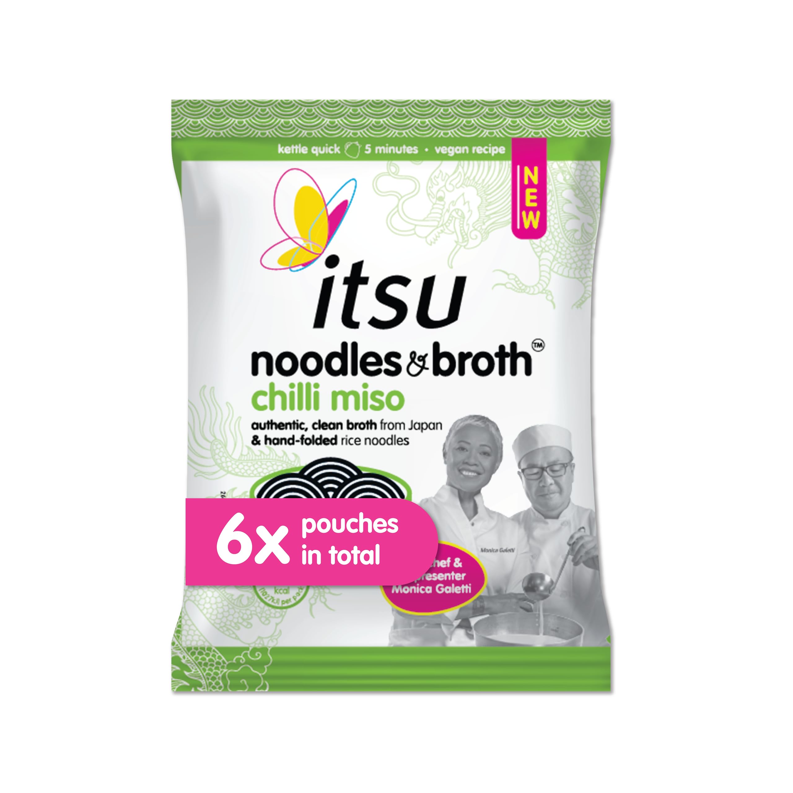 Itsu Chilli Miso Noodles & Broth Pouch 85g - Pack of 6 | Gluten Free Vegan Instant Noodles