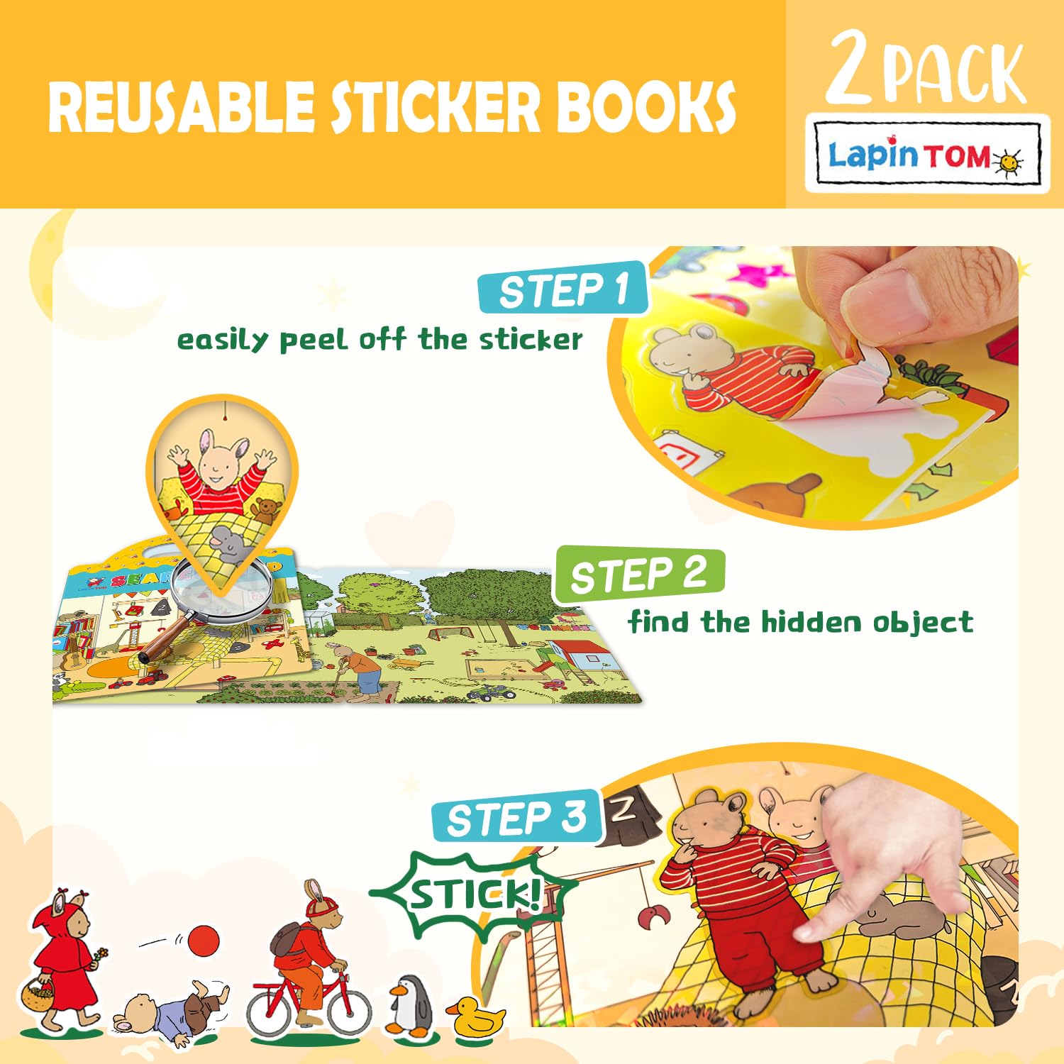 GUYUCOM Reusable 3D Sticker Book for Kids - Tom the Little Rabbit Theme | 2 Pack | Ages 2+ 2