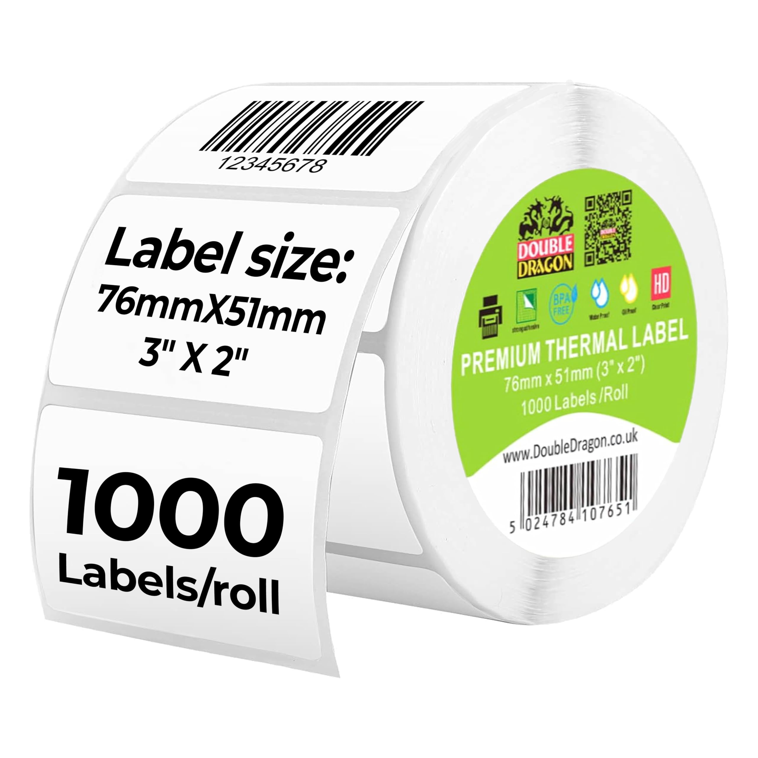 Double Dragon Direct Thermal Printer Labels - 1,000 Labels | 76mm x 51mm (3" x 2") | White Coated Paper