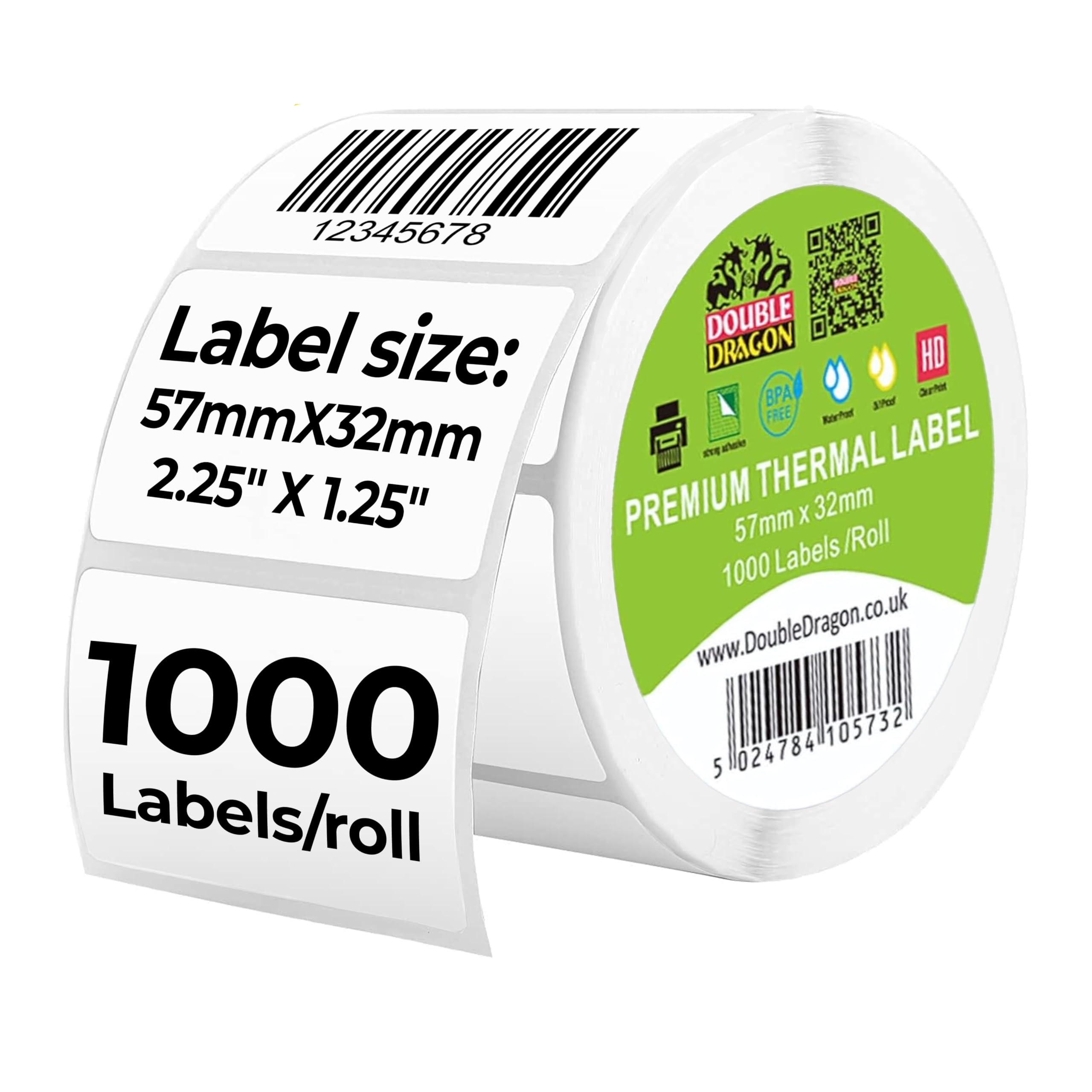 Double Dragon Direct Thermal Printer Labels - 57mm x 32mm, 1000 Labels per Roll, White