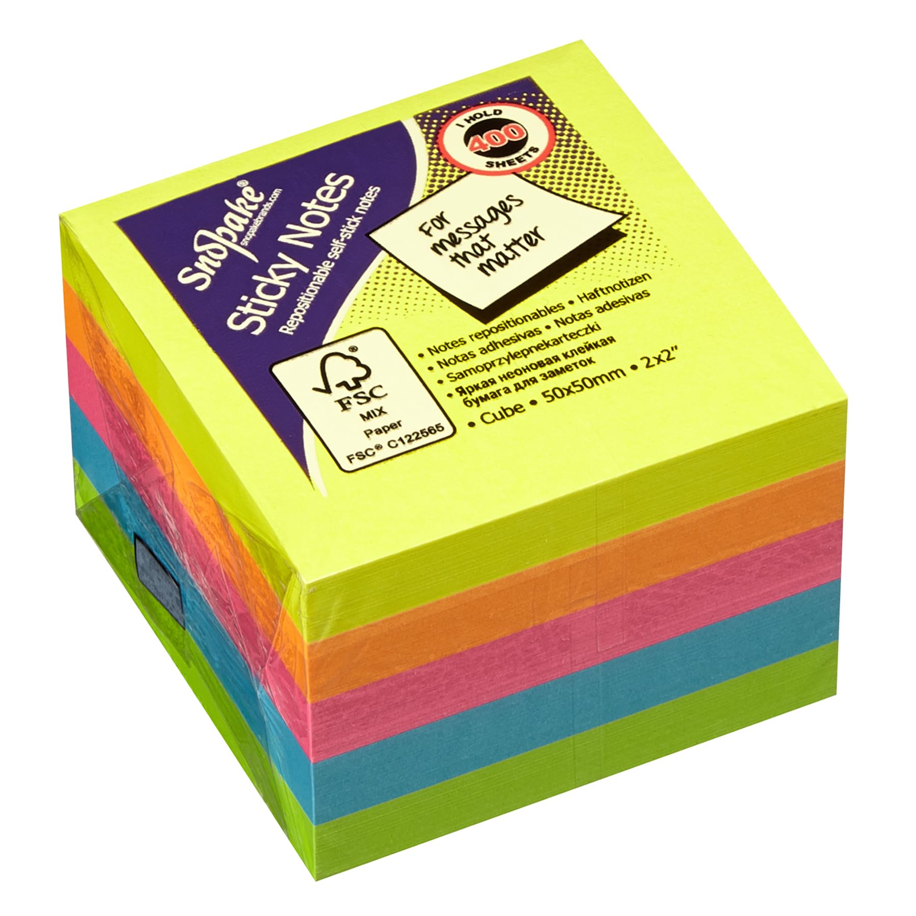 Snopake Neon Assorted Sticky Notes - 50 x 50 mm | 400 Sheets per Pack | FSC Certified