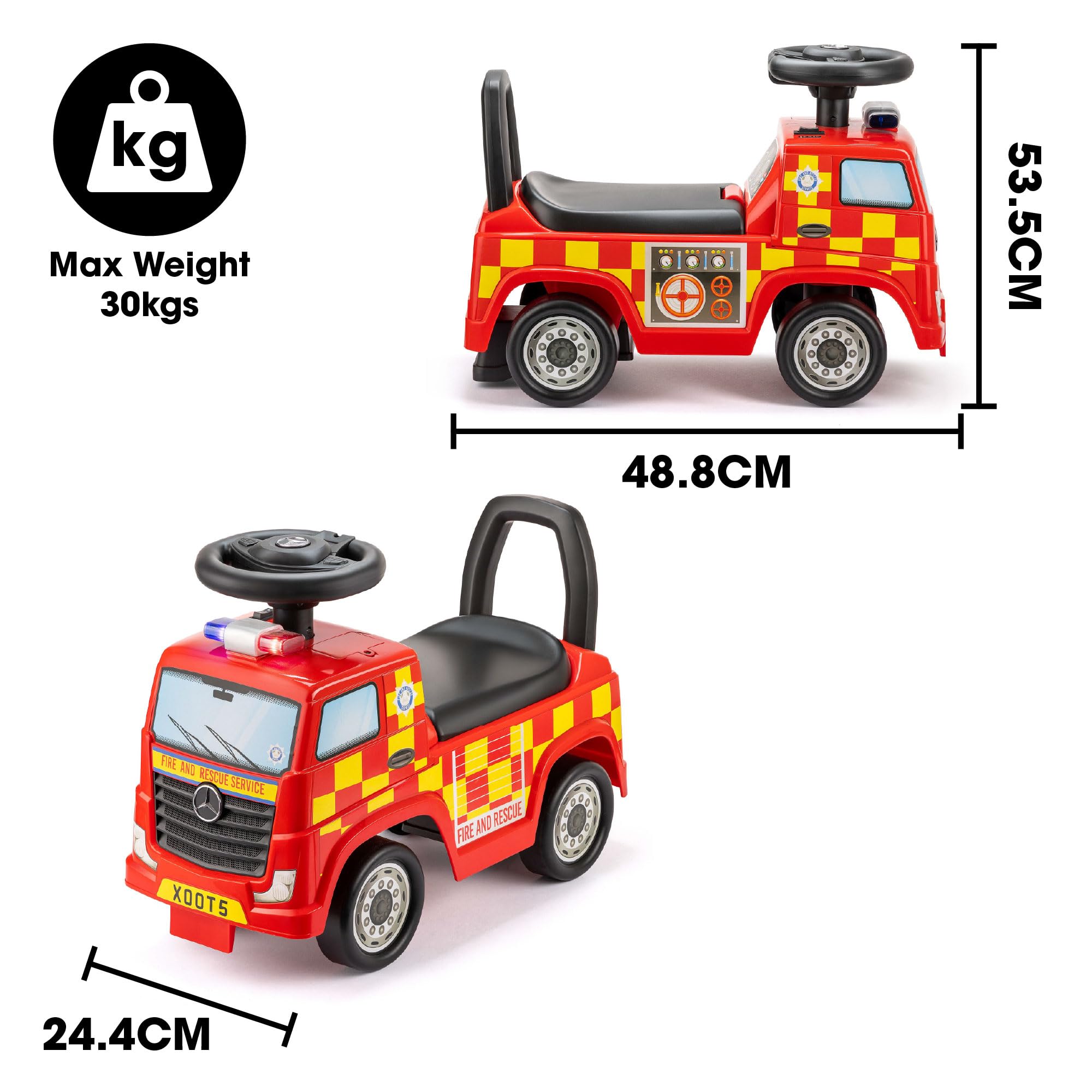 Xootz Mercedes-Benz Fire Engine Foot to Floor Ride On - Red Manual Ride-On Toy for Kids 3