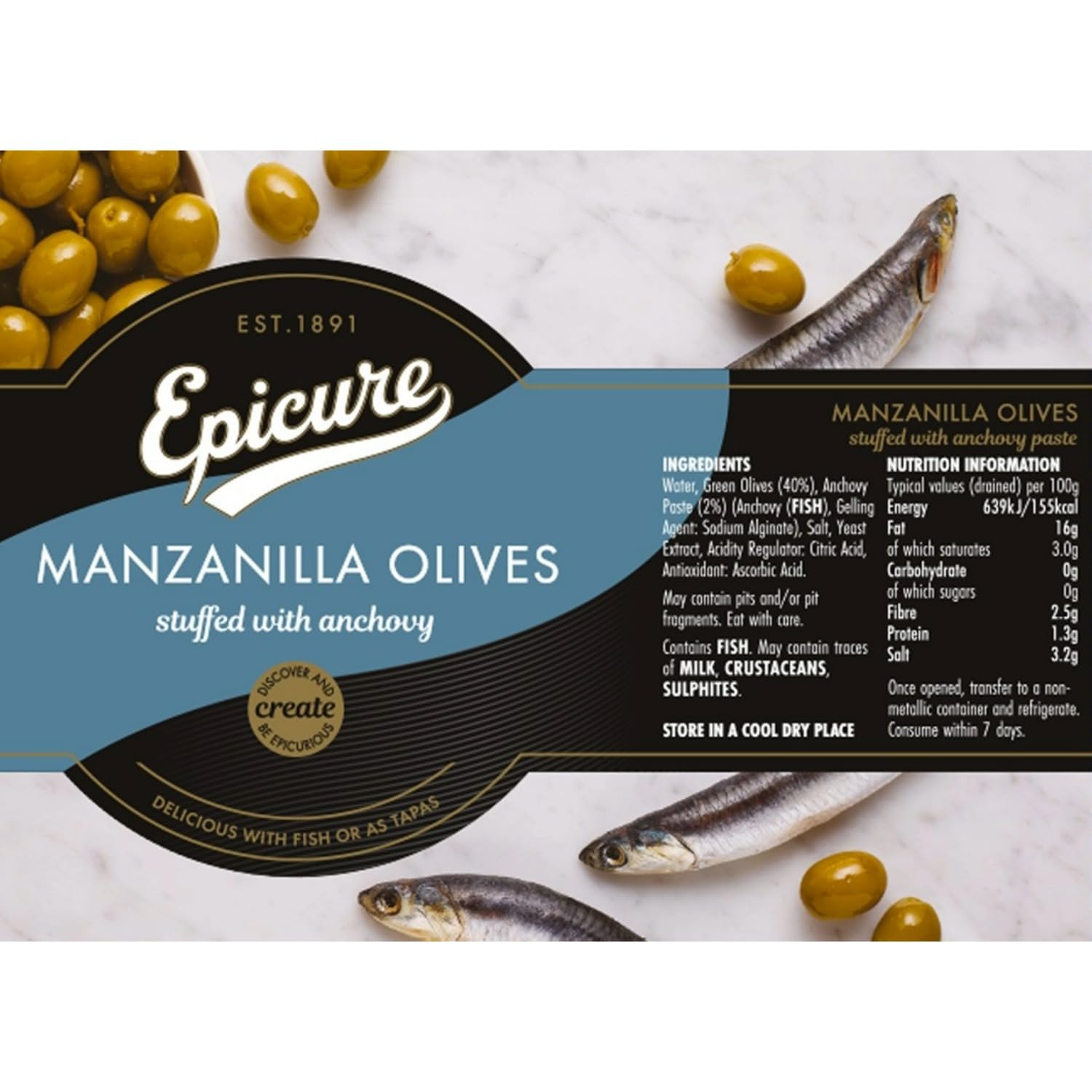 Epicure Manzanilla Olives Stuffed with Anchovy - Pitted, 350g Jar