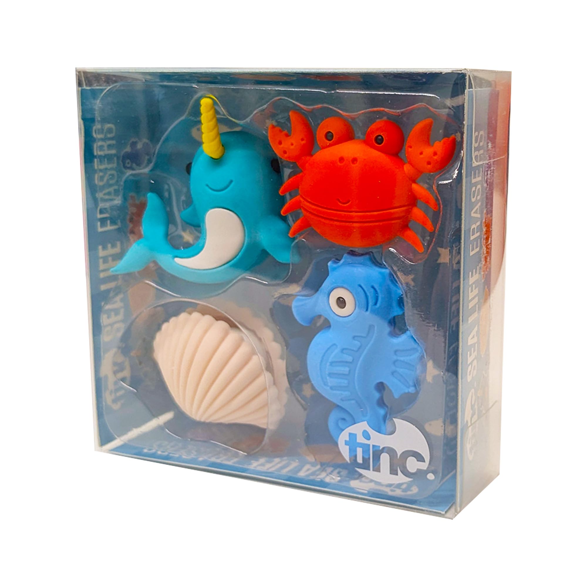 Tinc Sealife Erasers Collection Pack - Narwhal, Crab, Clam & Pearl, Seahorse Pencil Erasers 2