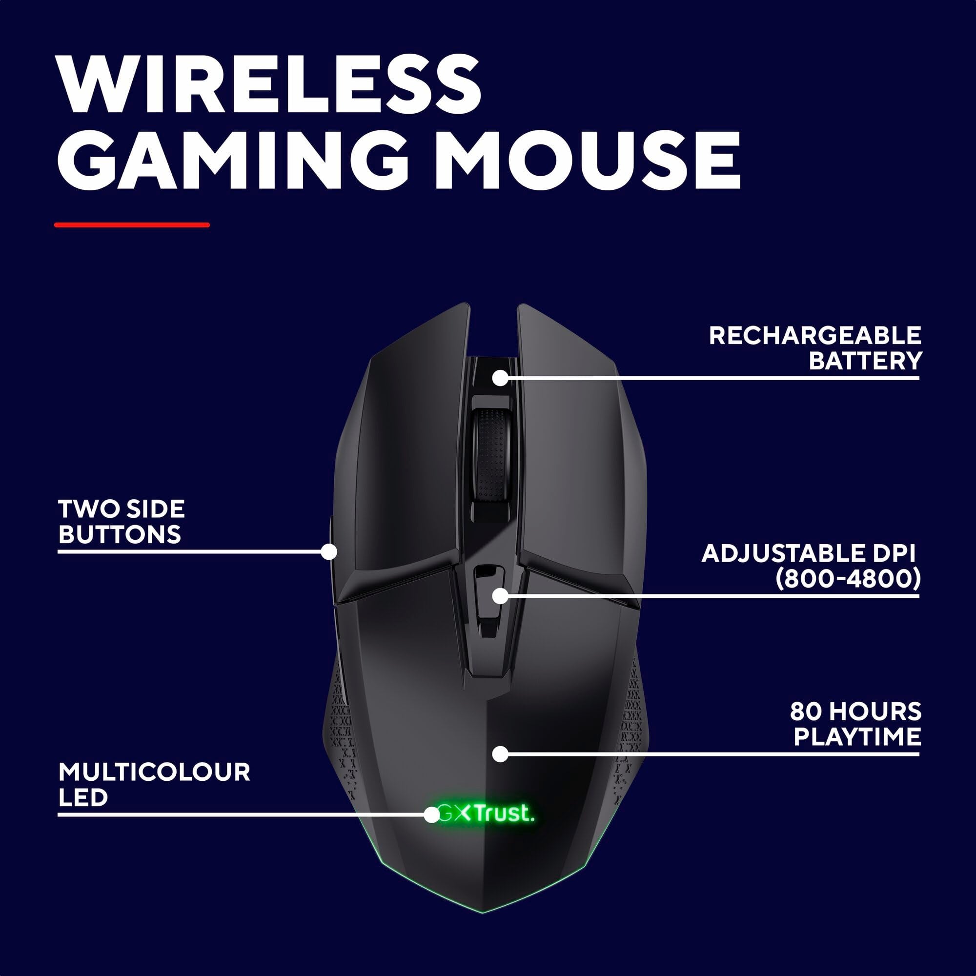 Trust Gaming GXTrust 1108 Vylax Wireless Gaming Mouse, 80h Battery, 800-4800 DPI, RGB LED, 6 Buttons, Rechargeable, Black 8