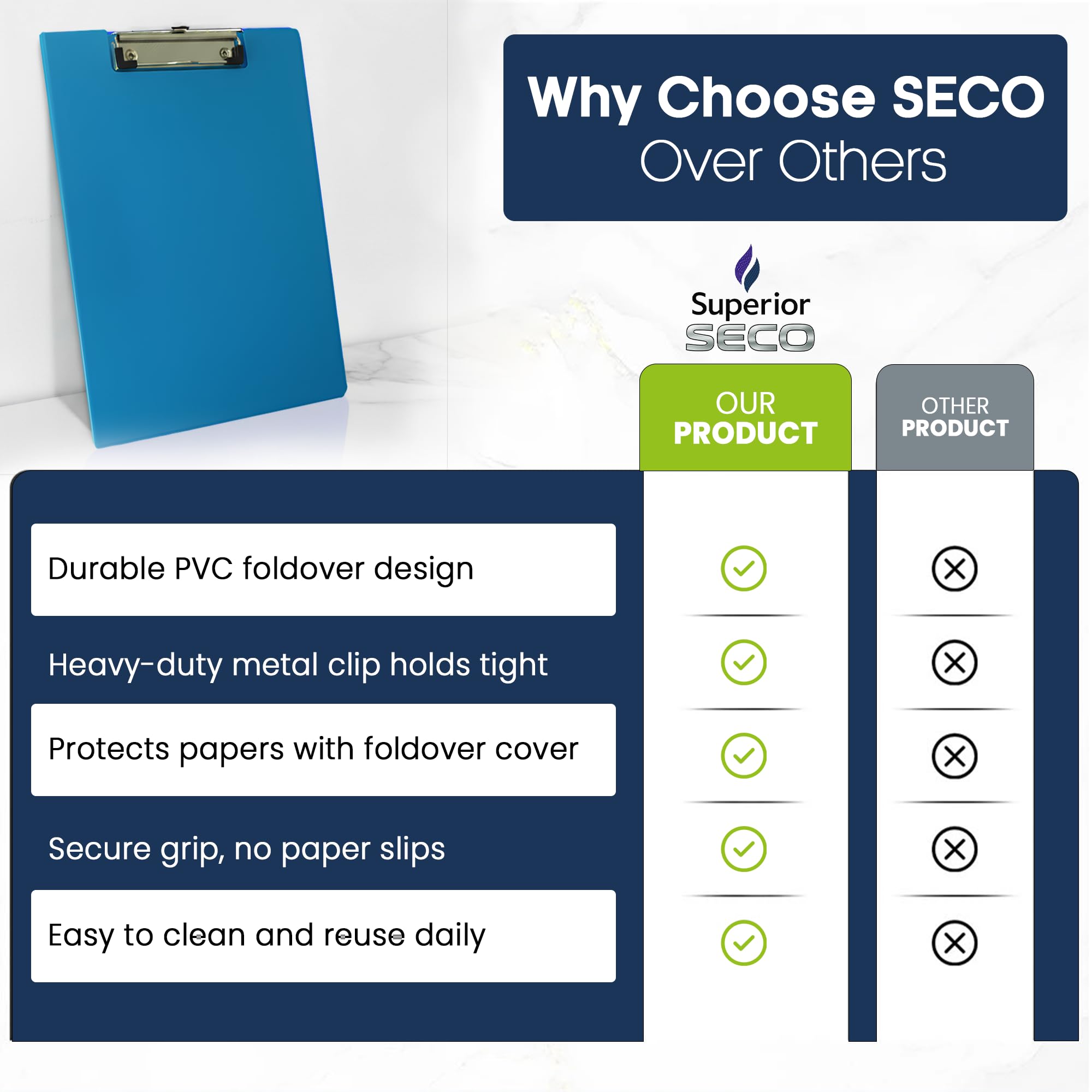 SECO A4+ PVC Coated Folding Clipboard with Heavy Duty Clip - Pack of 4 Assorted Colors 6