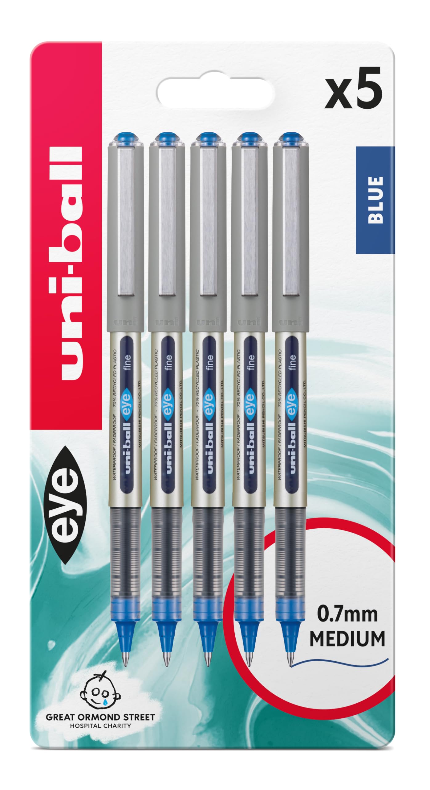 uni-ball Eye Rollerball Pens - Blue Ink, 0.7mm Fine Tip, Pack of 5 | Fade Resistant Super Ink