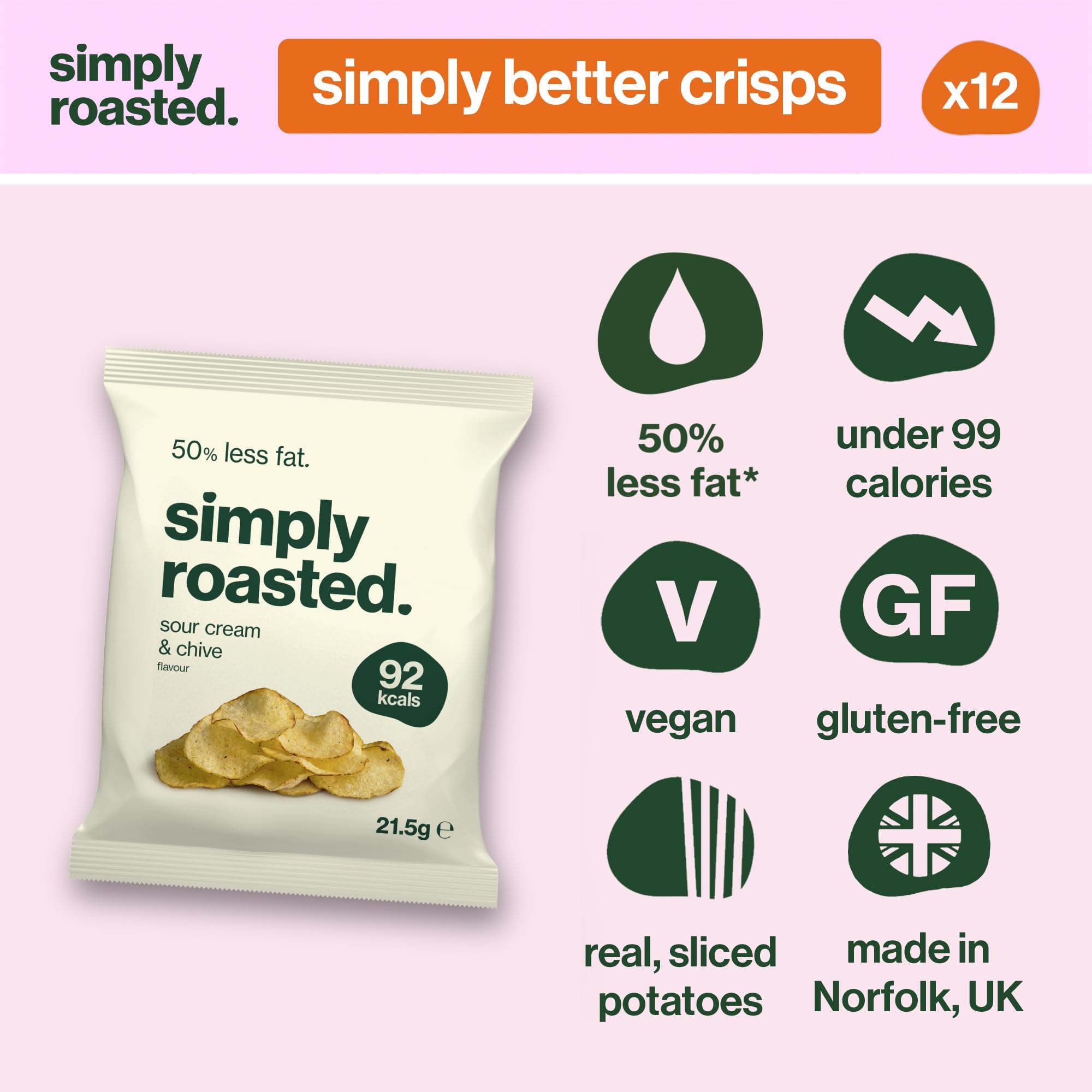 Simply Roasted Sour Cream Crisps - Multipack 12 x 21.5g Bags | Roasted Not Fried