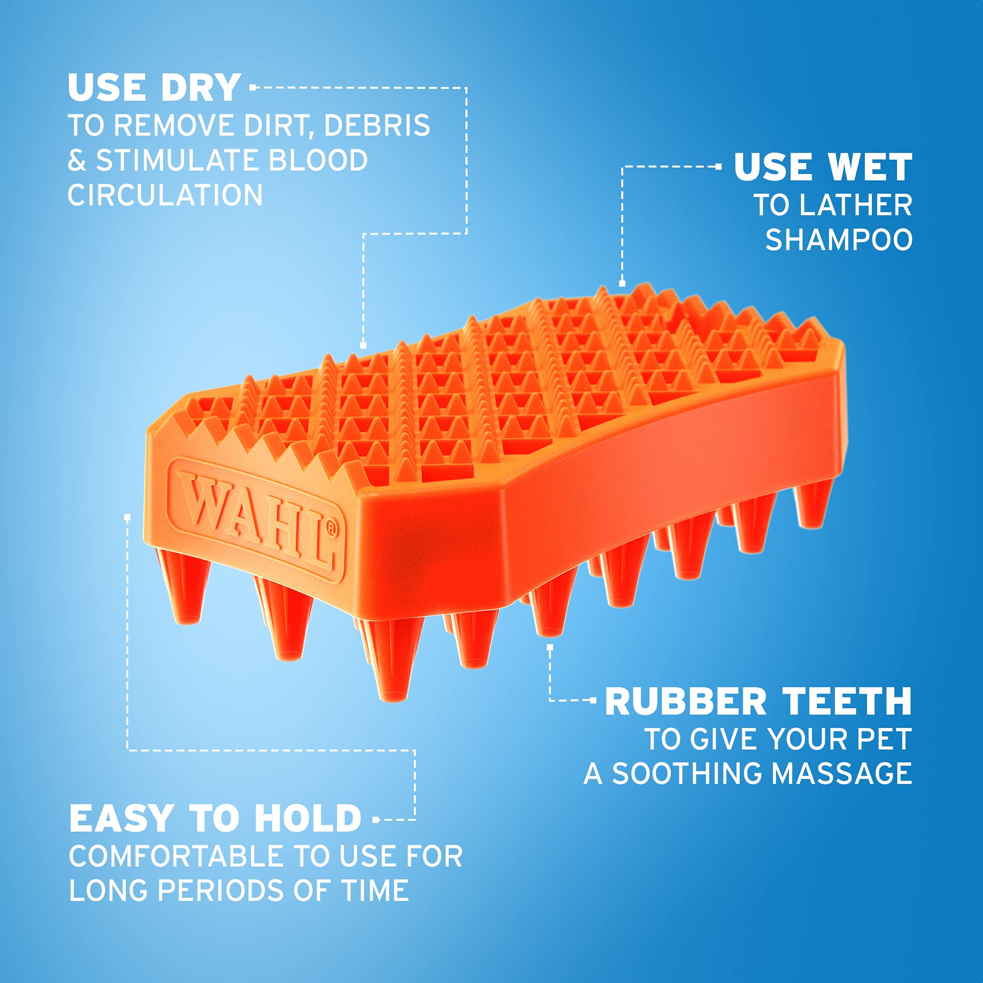 Wahl Pet Sheddy Rubber Brush - 5-in-1 Dual-Head Grooming Tool for Wet/Dry Use | Orange 2
